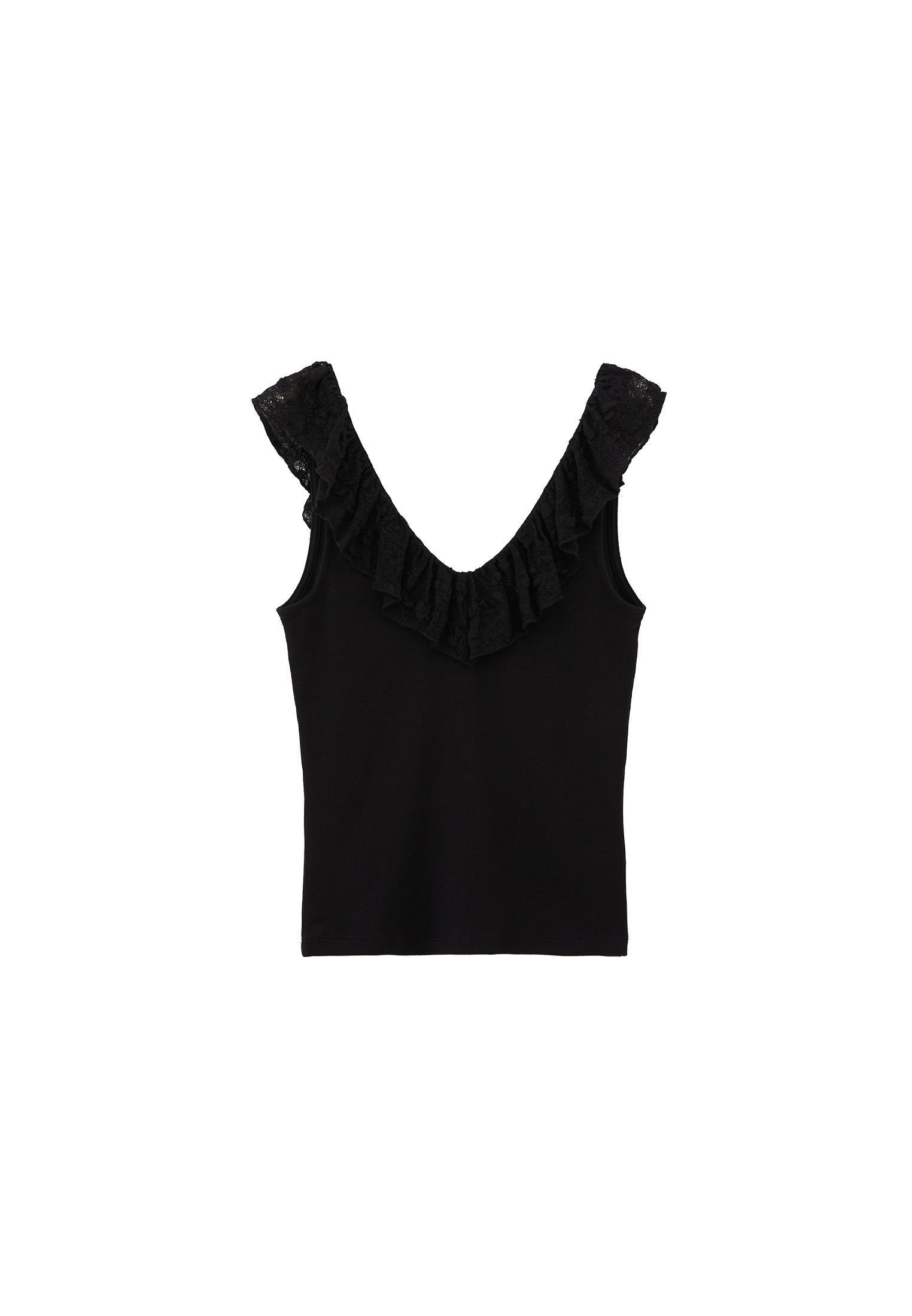 V Neck Frilled Tank Top - BLACK