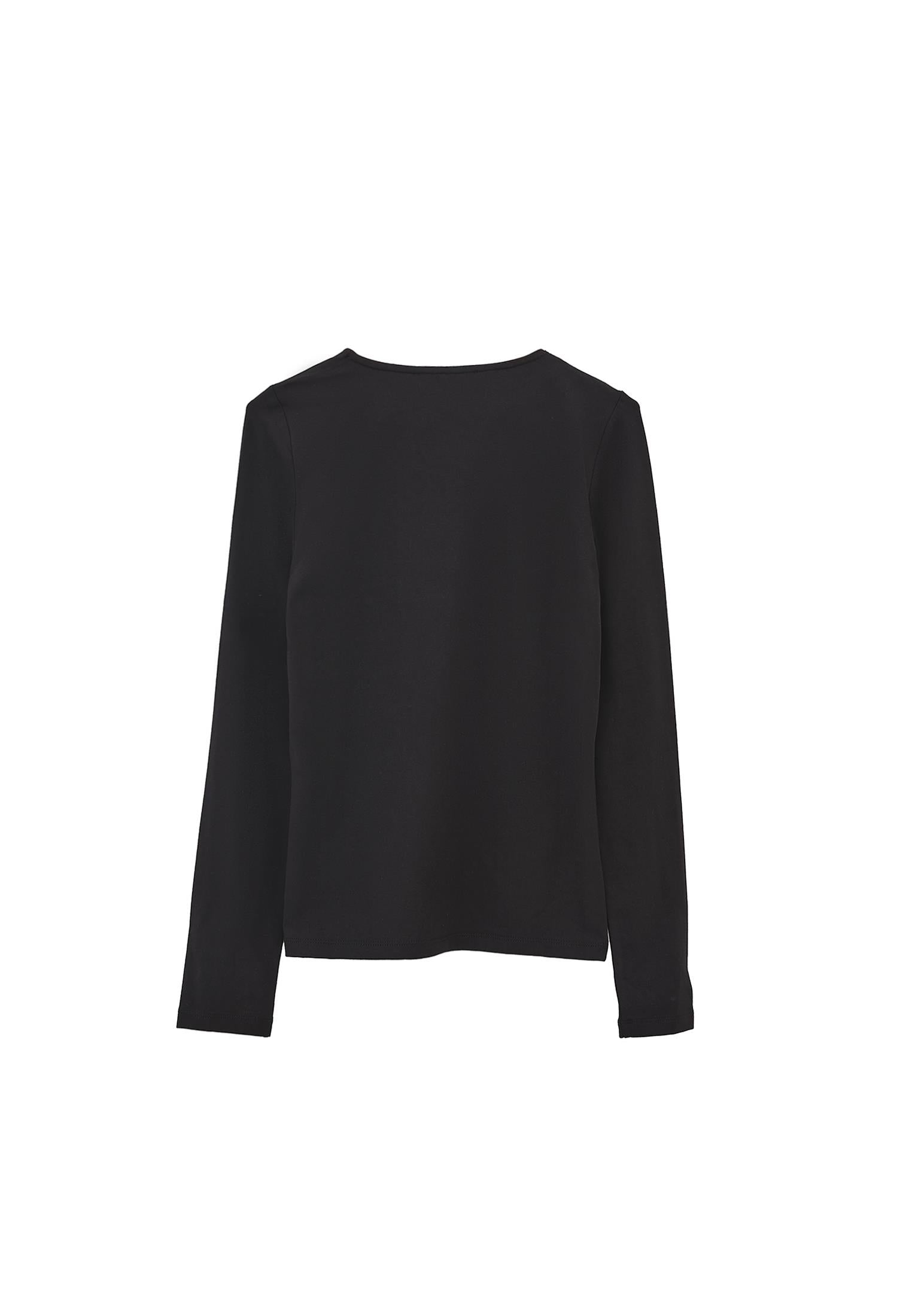 V Neck Long Sleeve Bodycon T-Shirt - BLACK