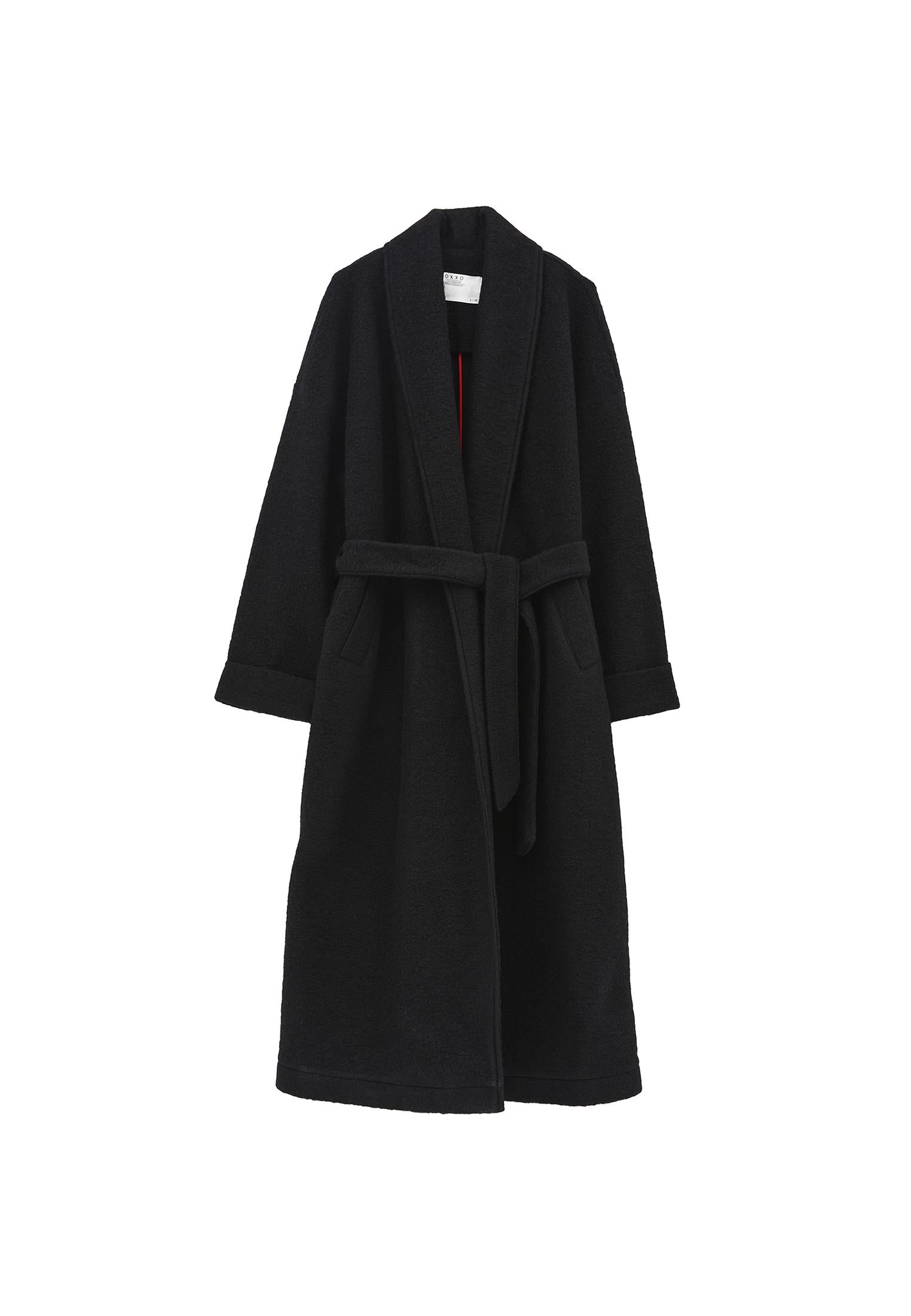 Long Coat With Shawl Collar And Belt Detail - BLACK