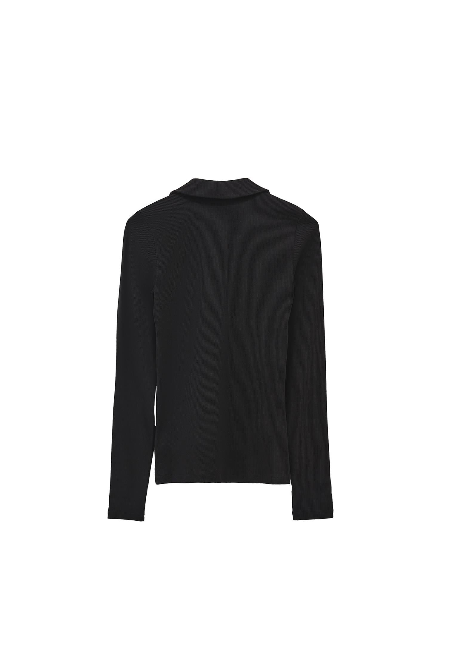 Polo Collar Long Sleeve Bodycon T-Shirt - BLACK