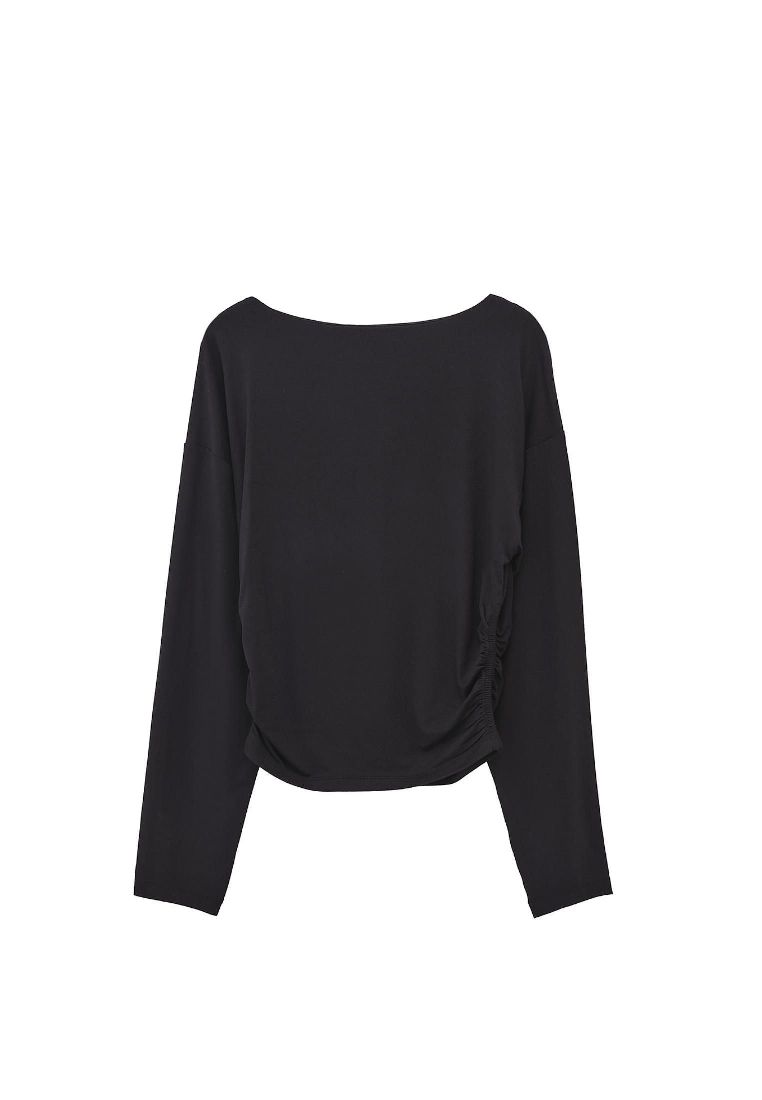 Boat Neck Long Sleeve T-Shirt - BLACK