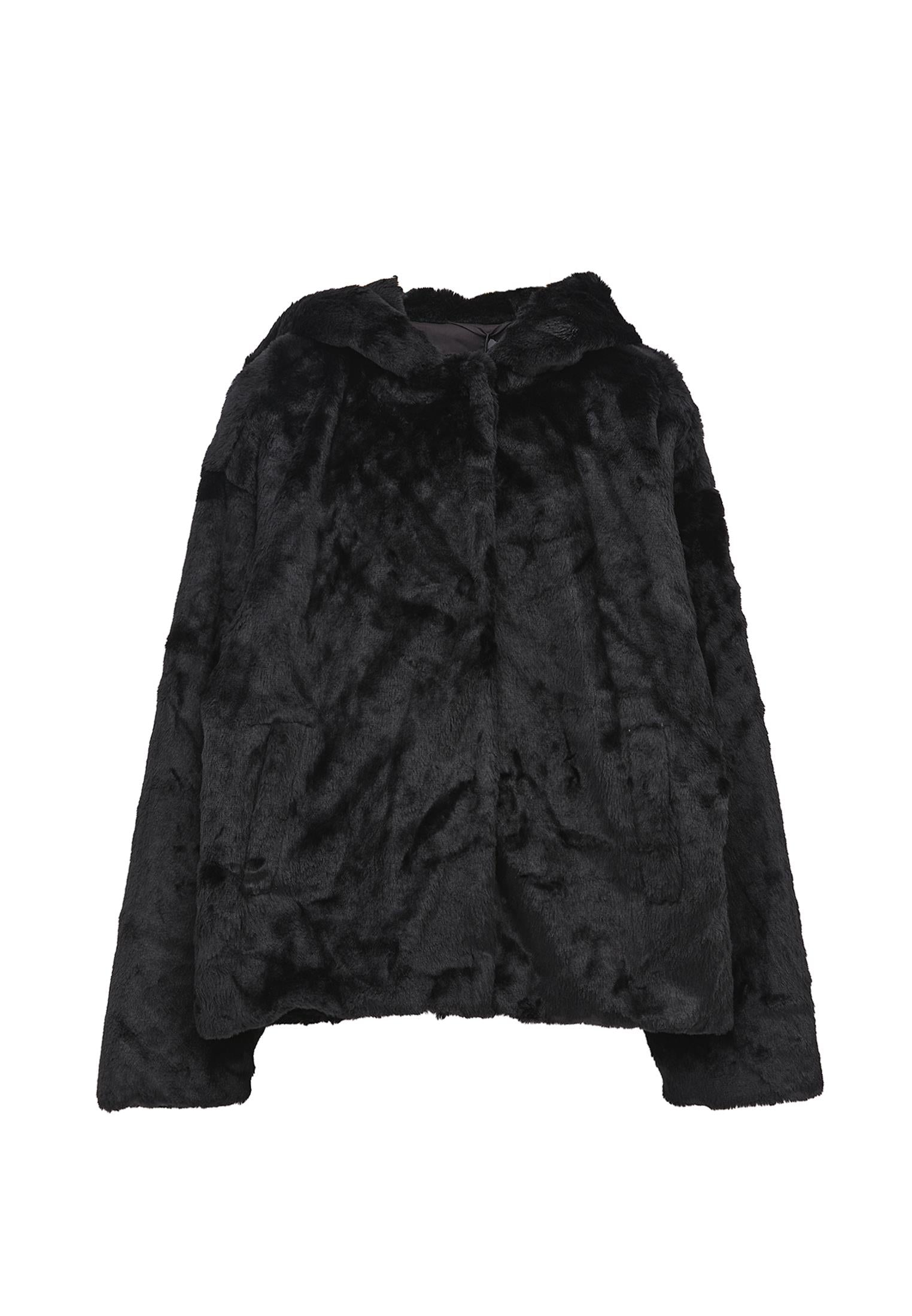 Hooded Fur Jacket - BLACK