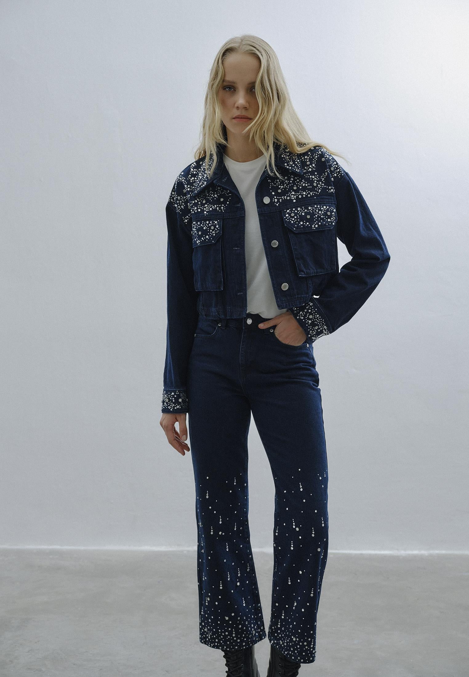 Stone Embellished Jean Jacket - BLUE BLACK DENIM