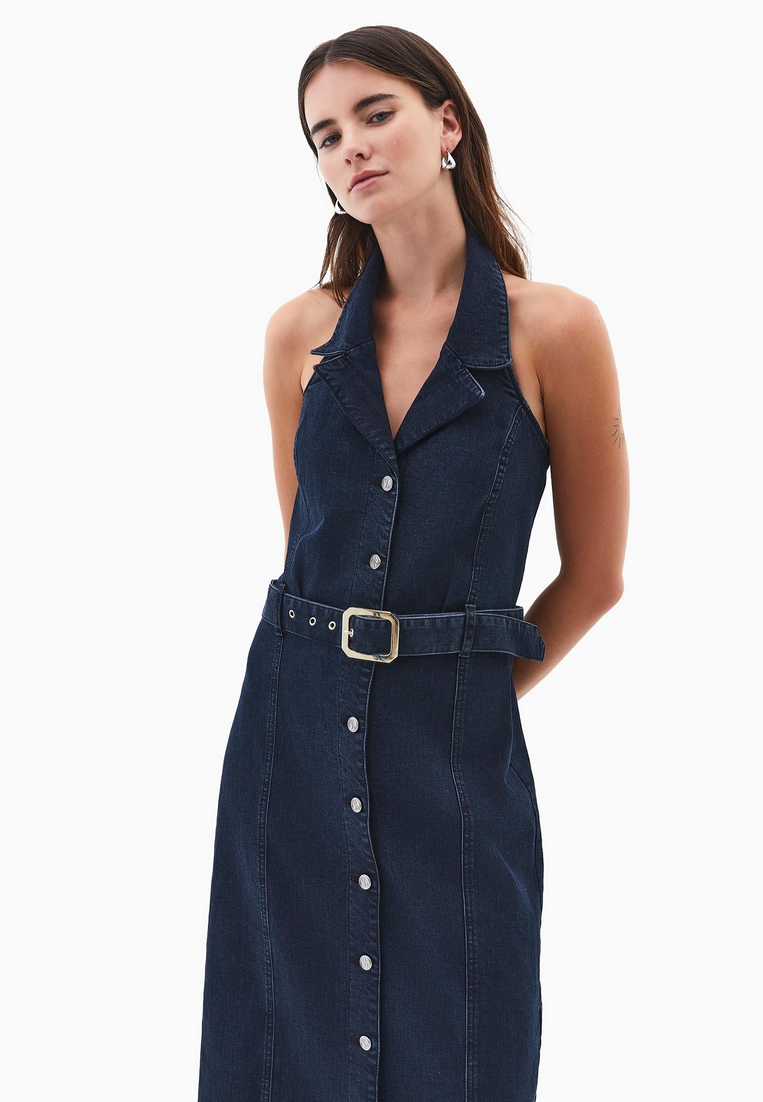 V Neck Belted Buttoned Long Dress - BLUE BLACK DENIM