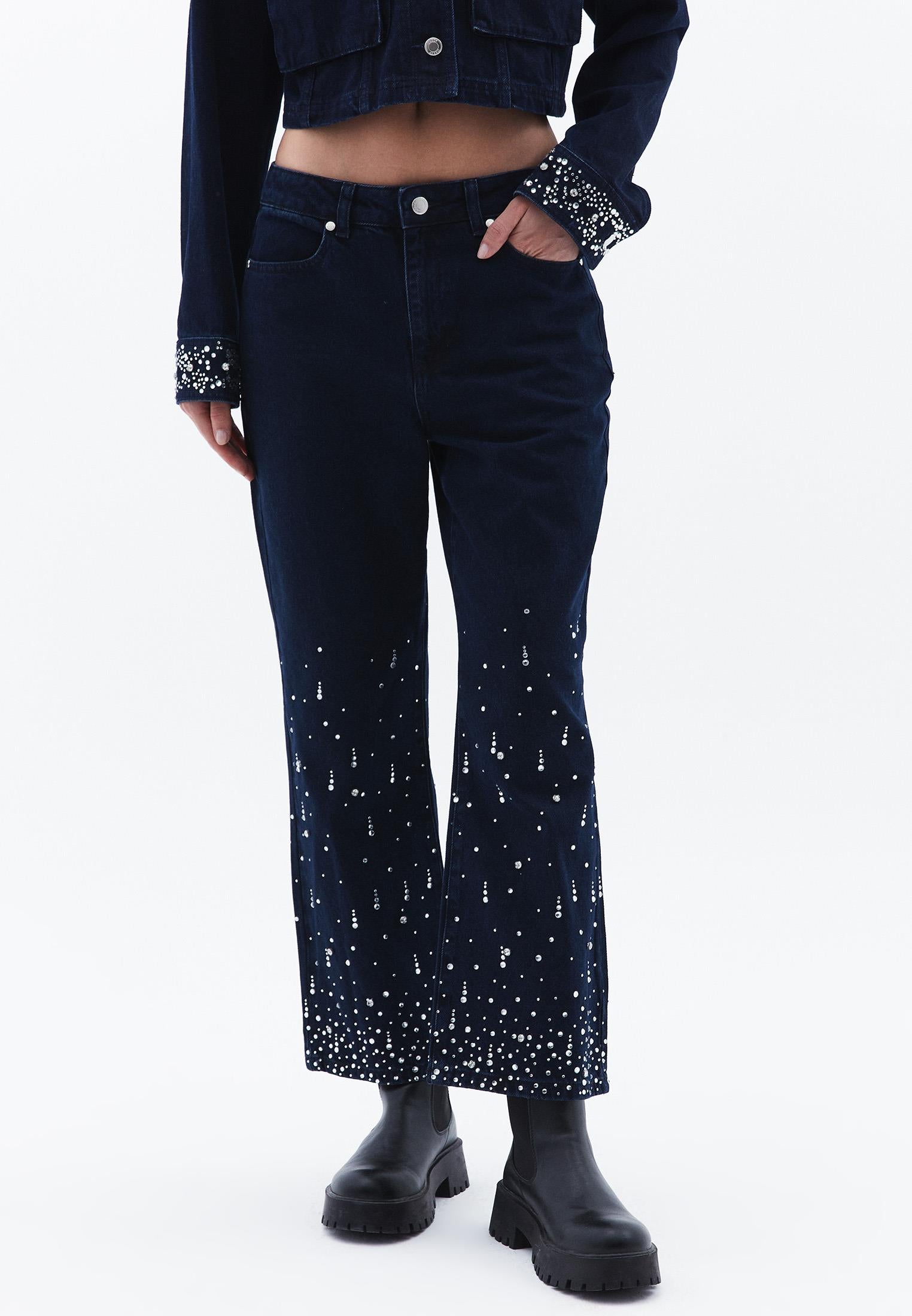 High Waist Stone Detailed Cropped Flare Pants - BLUE BLACK DENIM