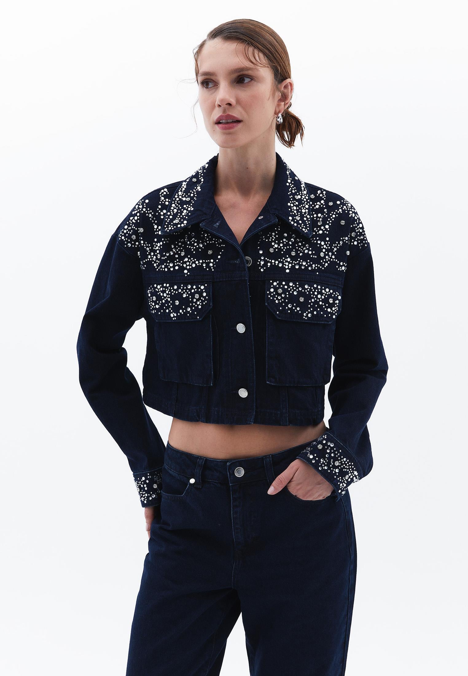 Stone Embellished Jean Jacket - BLUE BLACK DENIM