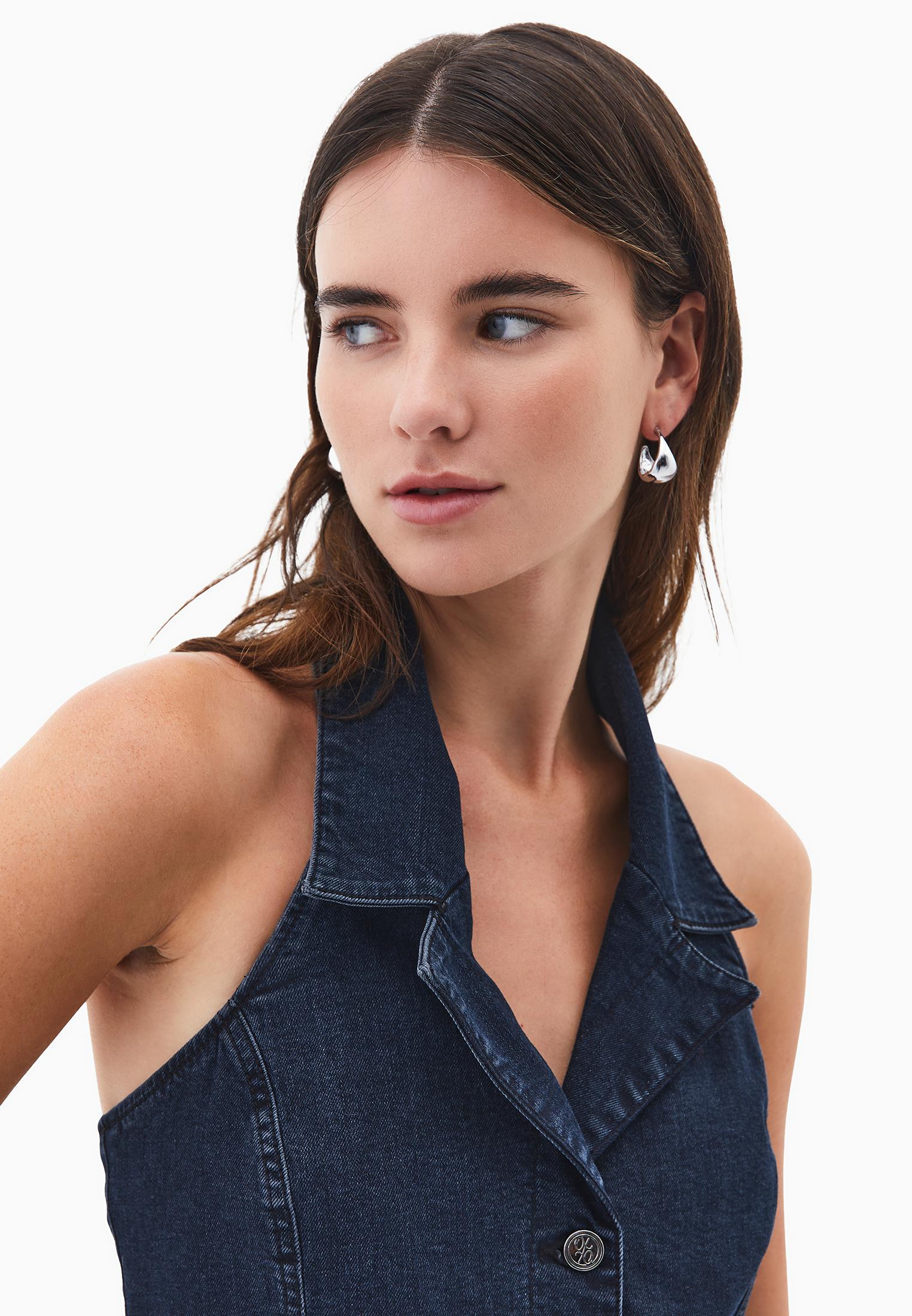 V Neck Belted Buttoned Long Dress - BLUE BLACK DENIM