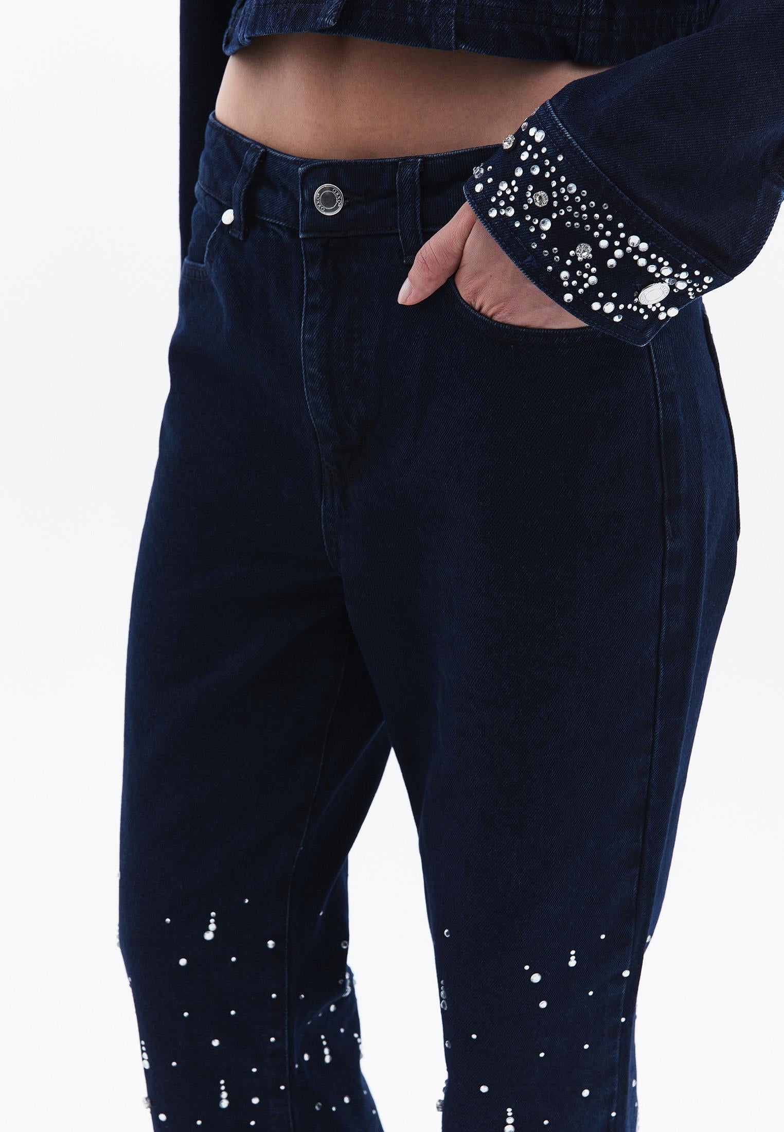 High Waist Stone Detailed Cropped Flare Pants - BLUE BLACK DENIM