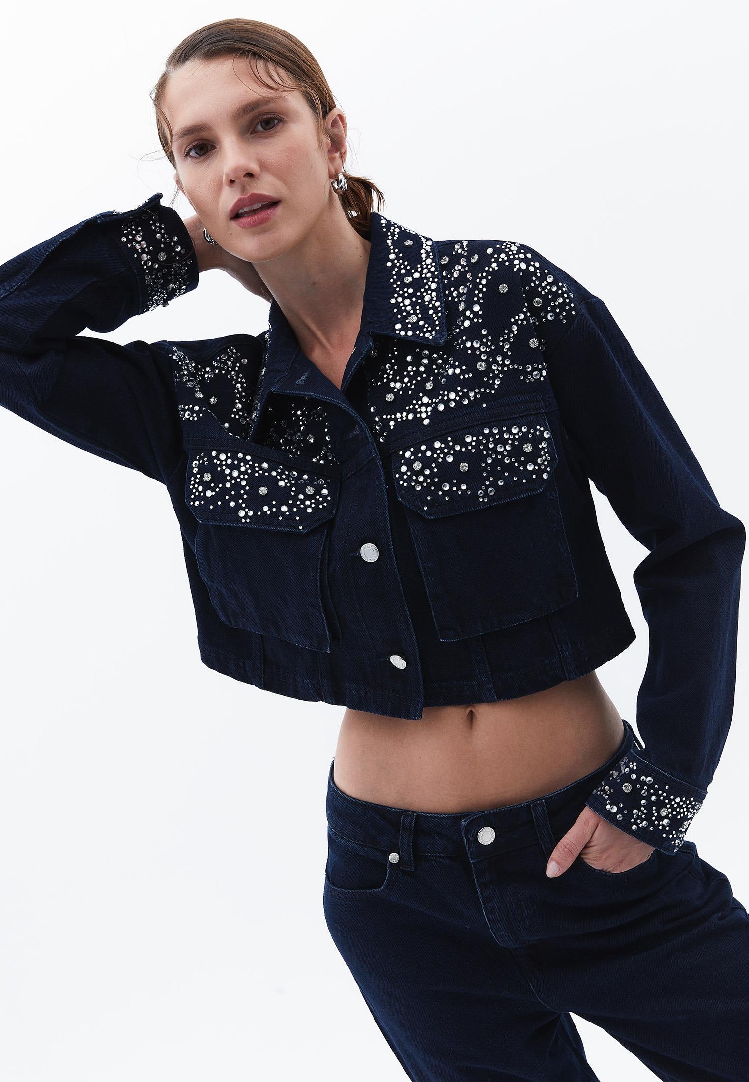 Stone Embellished Jean Jacket - BLUE BLACK DENIM