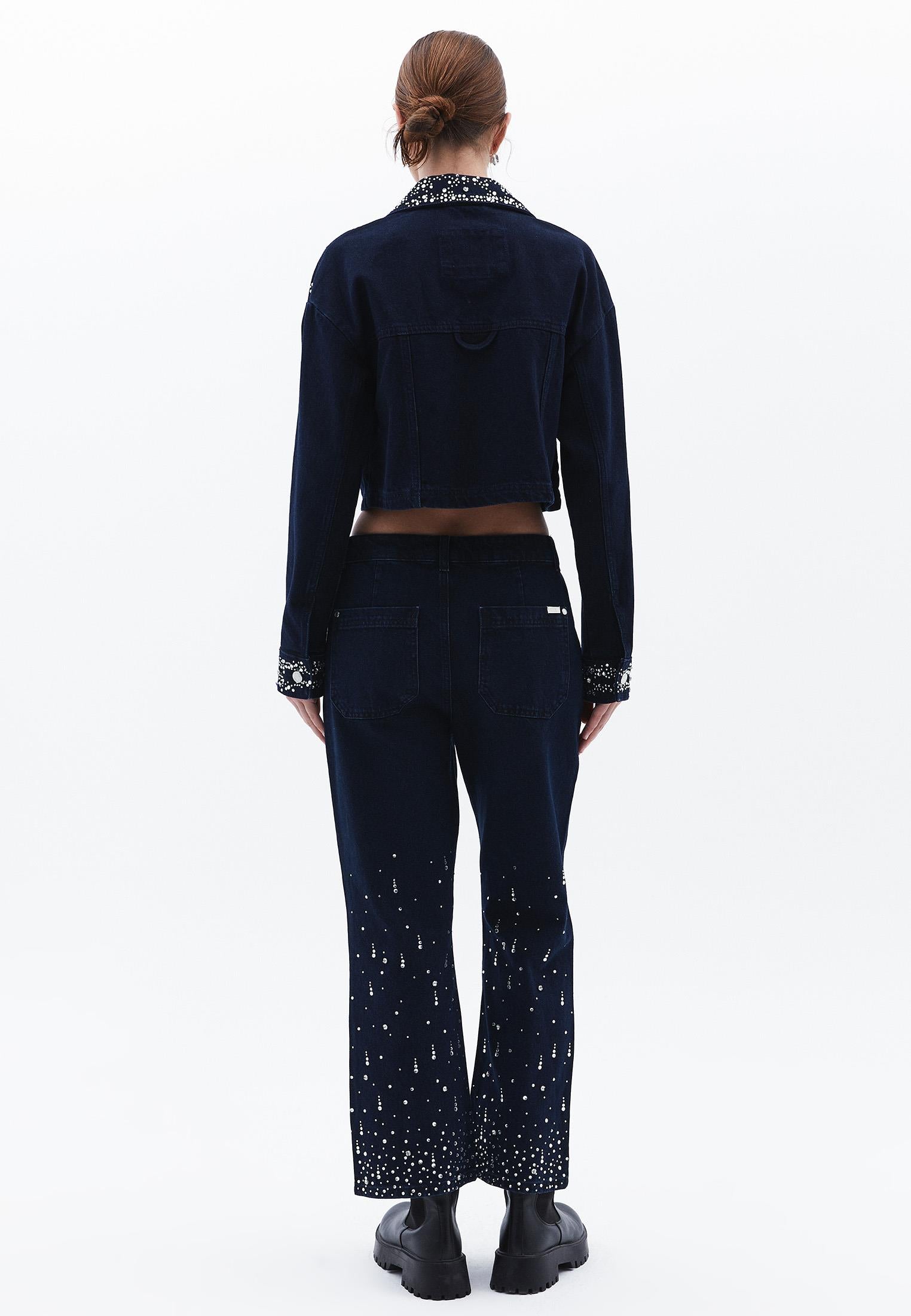 High Waist Stone Detailed Cropped Flare Pants - BLUE BLACK DENIM