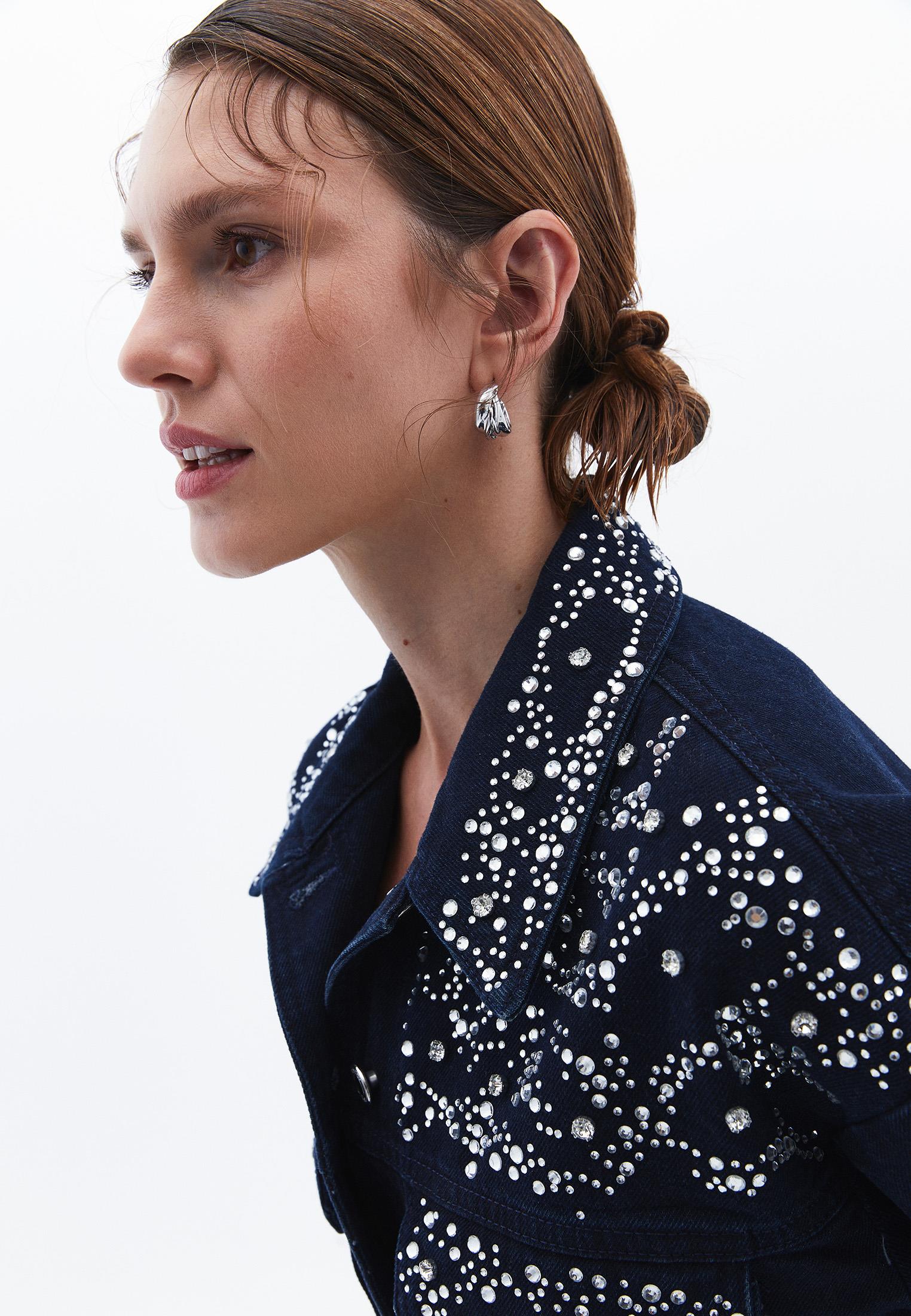 Stone Embellished Jean Jacket - BLUE BLACK DENIM