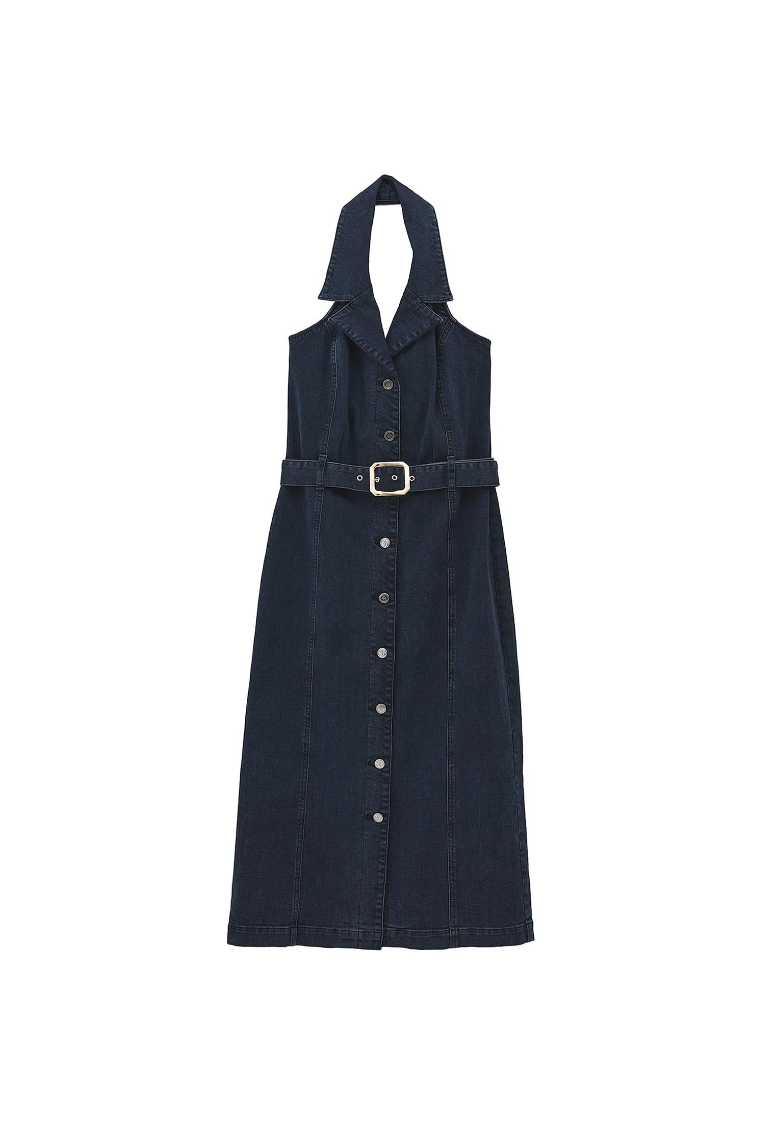 V Neck Belted Buttoned Long Dress - BLUE BLACK DENIM