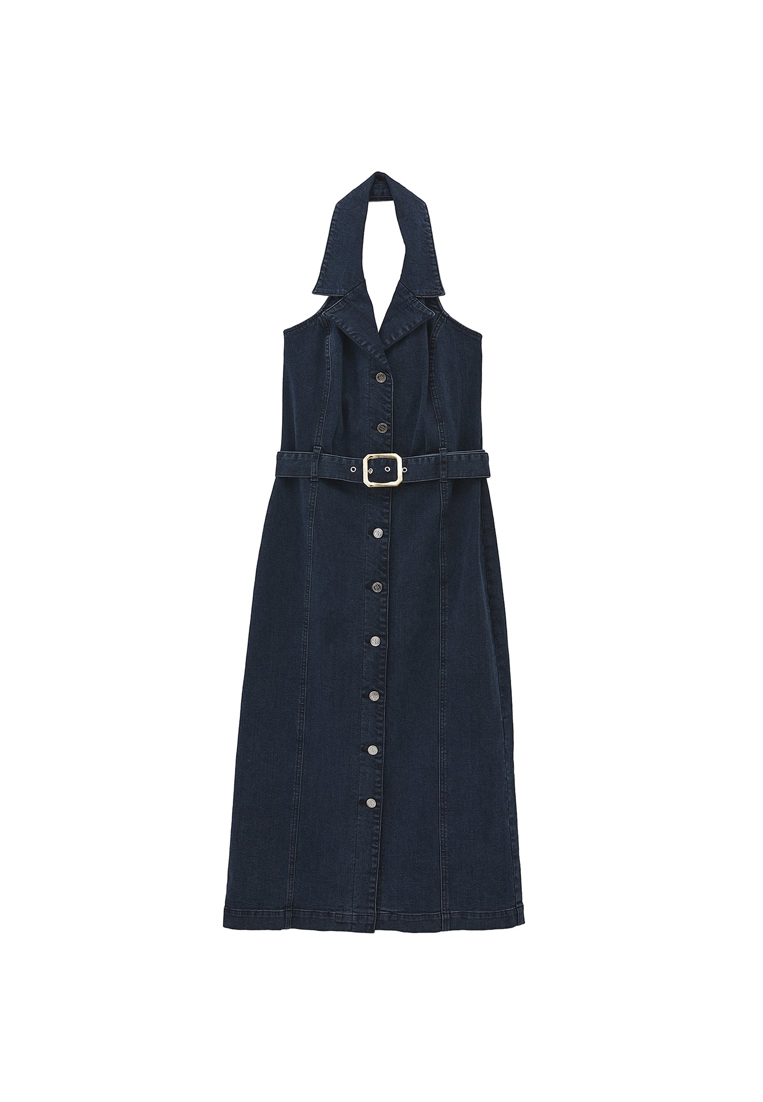 V Neck Belted Buttoned Long Dress - BLUE BLACK DENIM