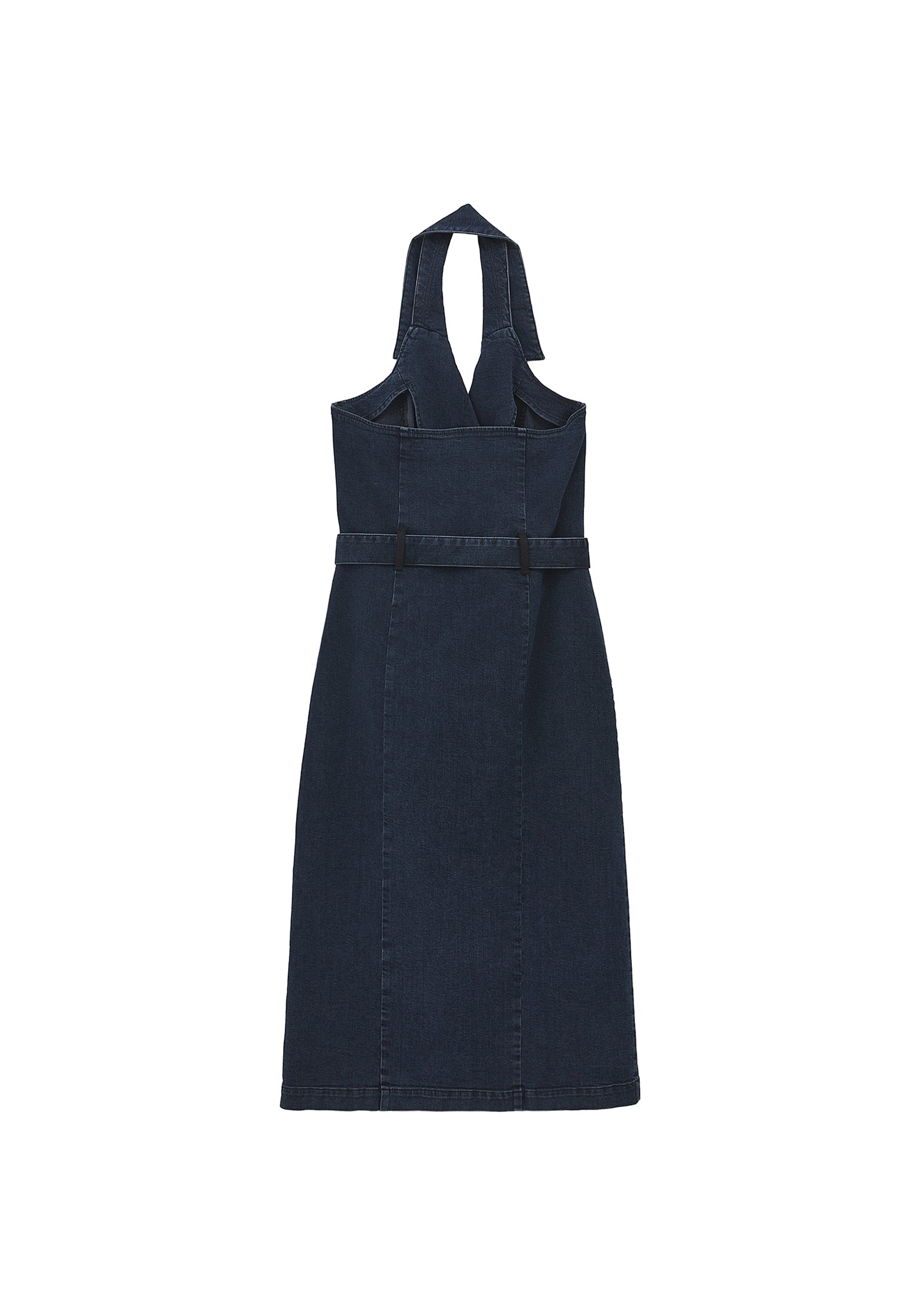 V Neck Belted Buttoned Long Dress - BLUE BLACK DENIM