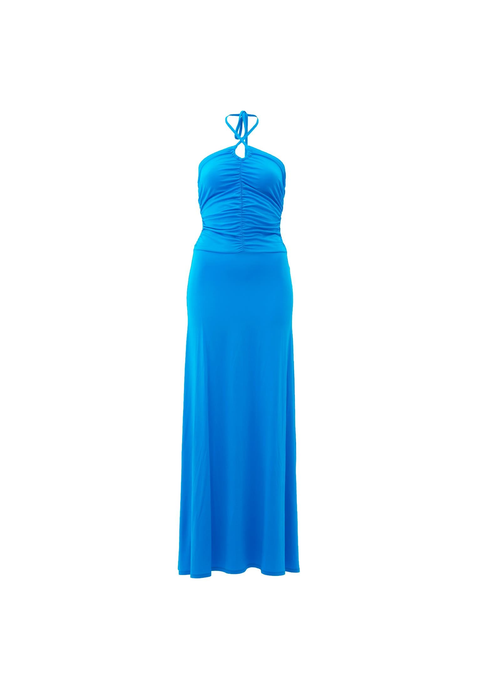 Halter Neck Beaded Long Flared Dress - BLUE DANUBE