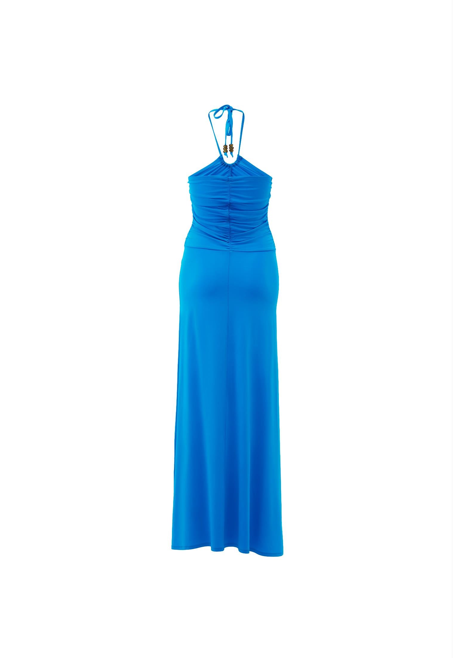 Halter Neck Beaded Long Flared Dress - BLUE DANUBE