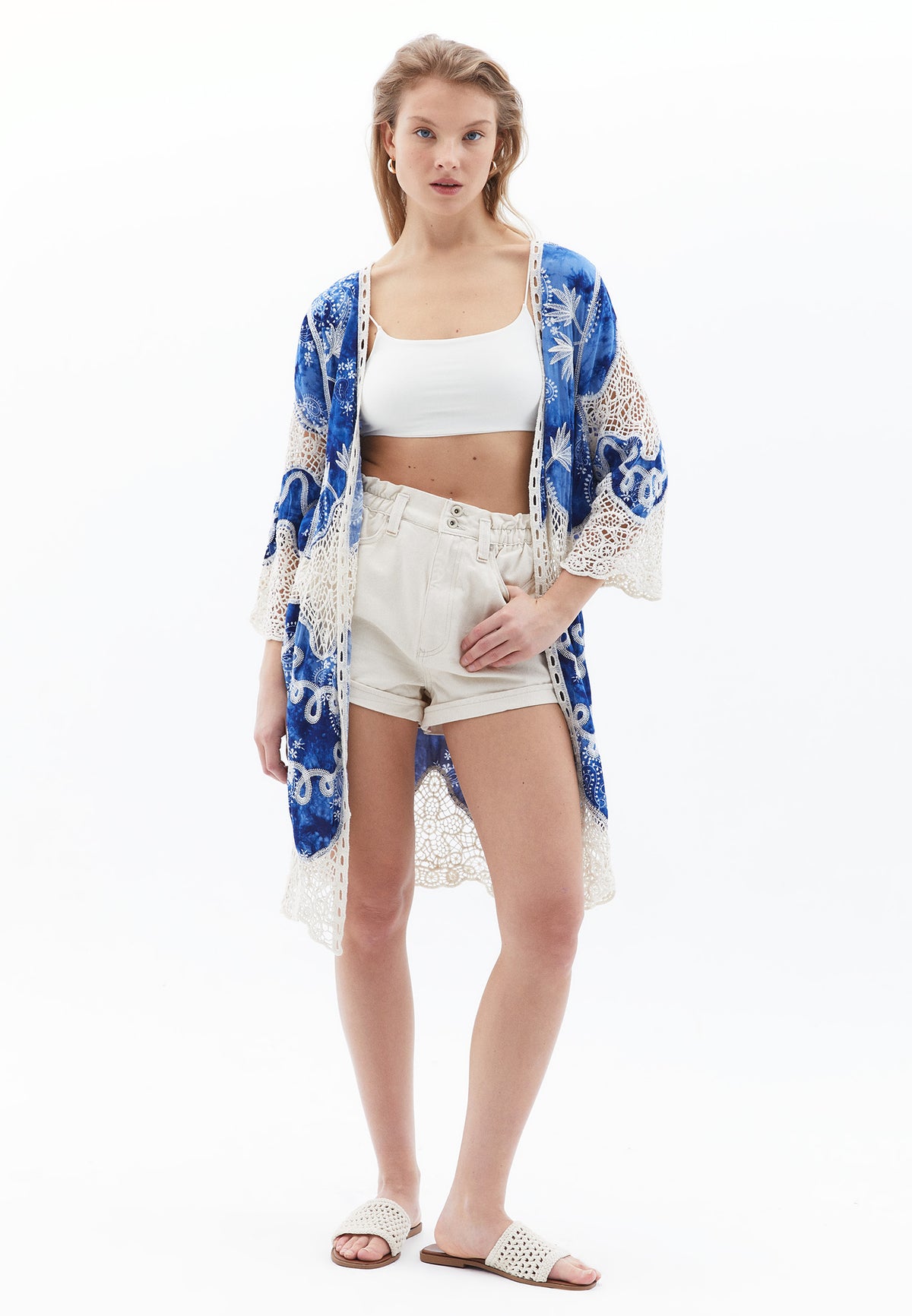 Long Loose Bohemian Style Kimono - BLUE MIX