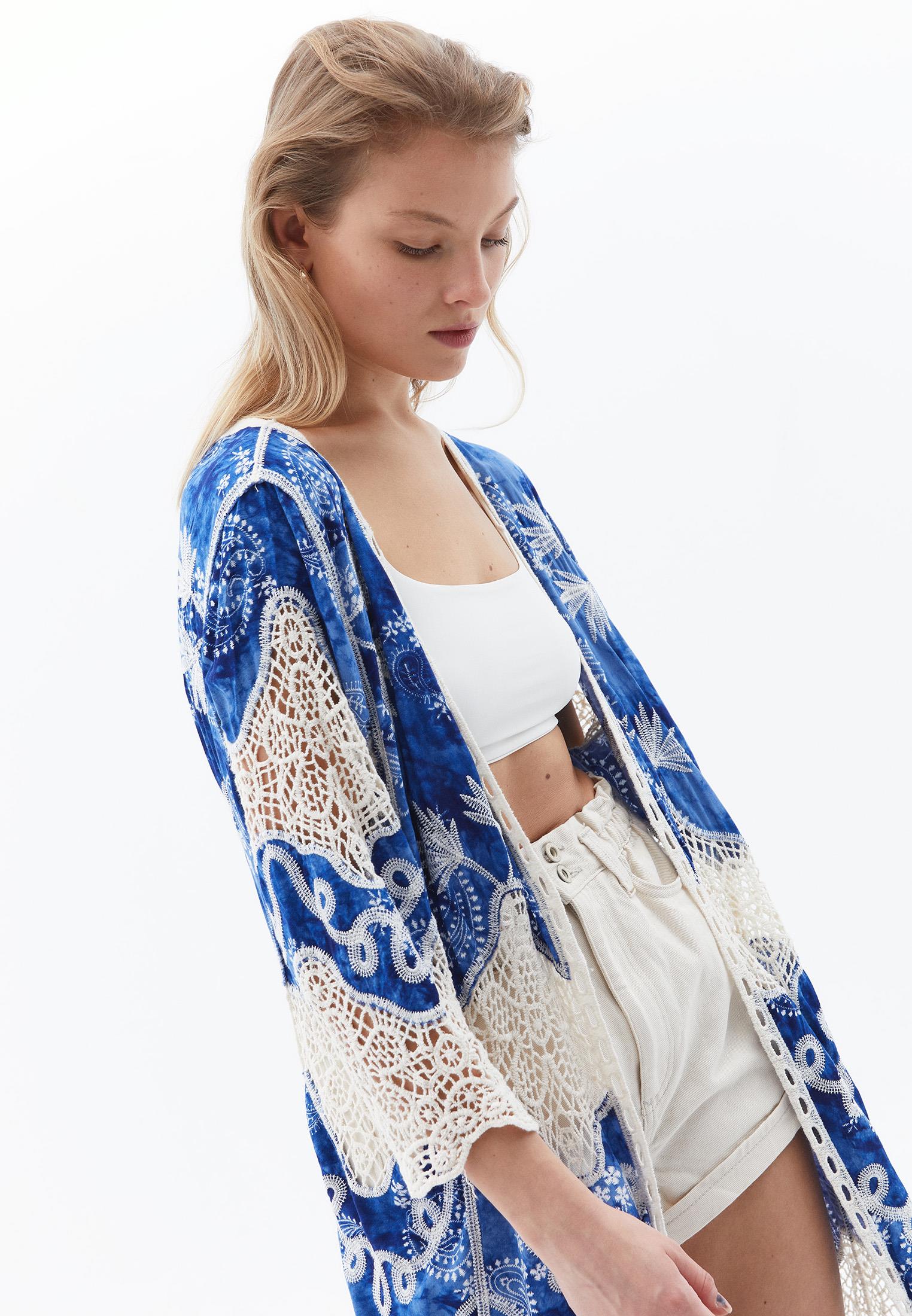 Long Loose Bohemian Style Kimono - BLUE MIX