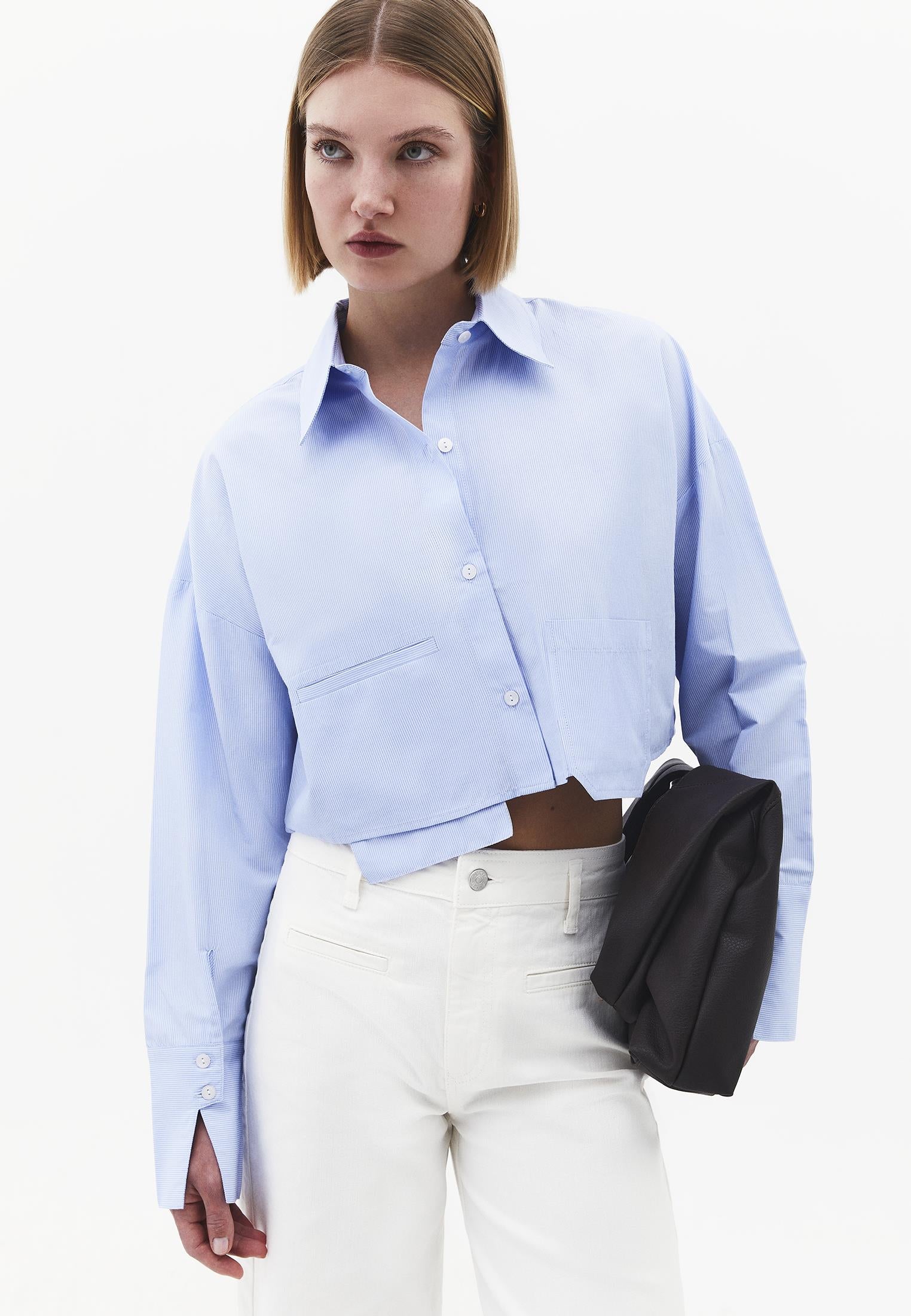 Shirt Collar Long Sleeve Crop Striped Shirt - BLUE STRIPE