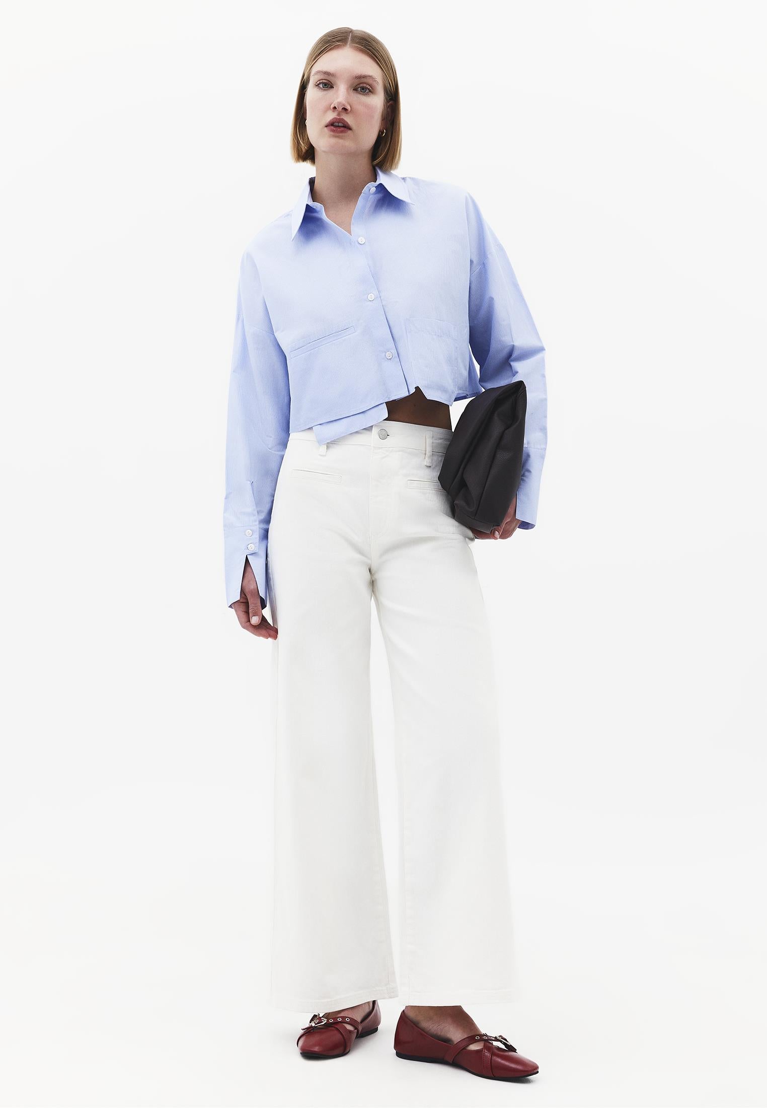 Shirt Collar Long Sleeve Crop Striped Shirt - BLUE STRIPE