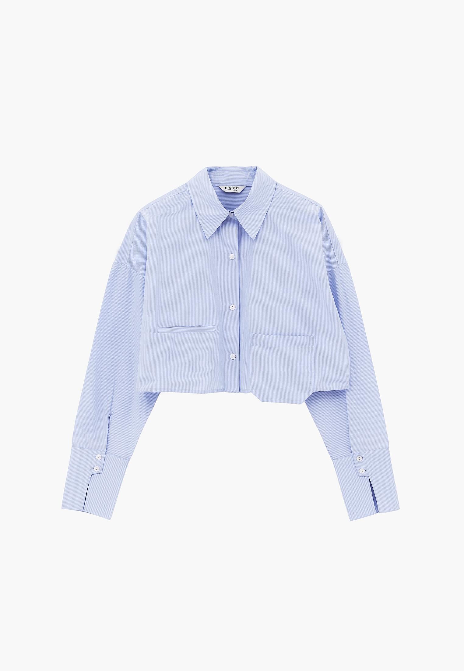 Shirt Collar Long Sleeve Crop Striped Shirt - BLUE STRIPE