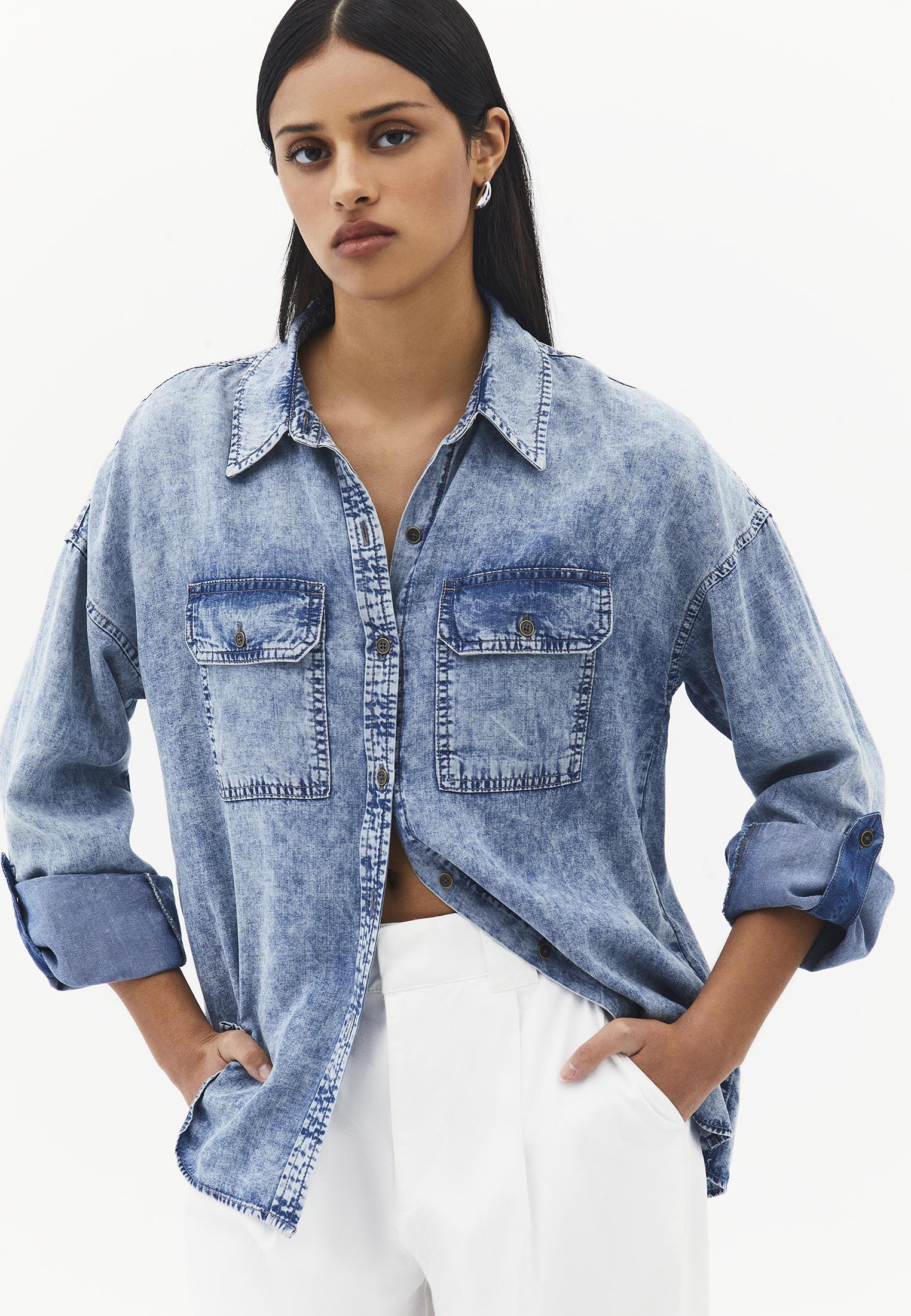 Shirt Collar Long Sleeve Shirt - BLUE WASH DENIM