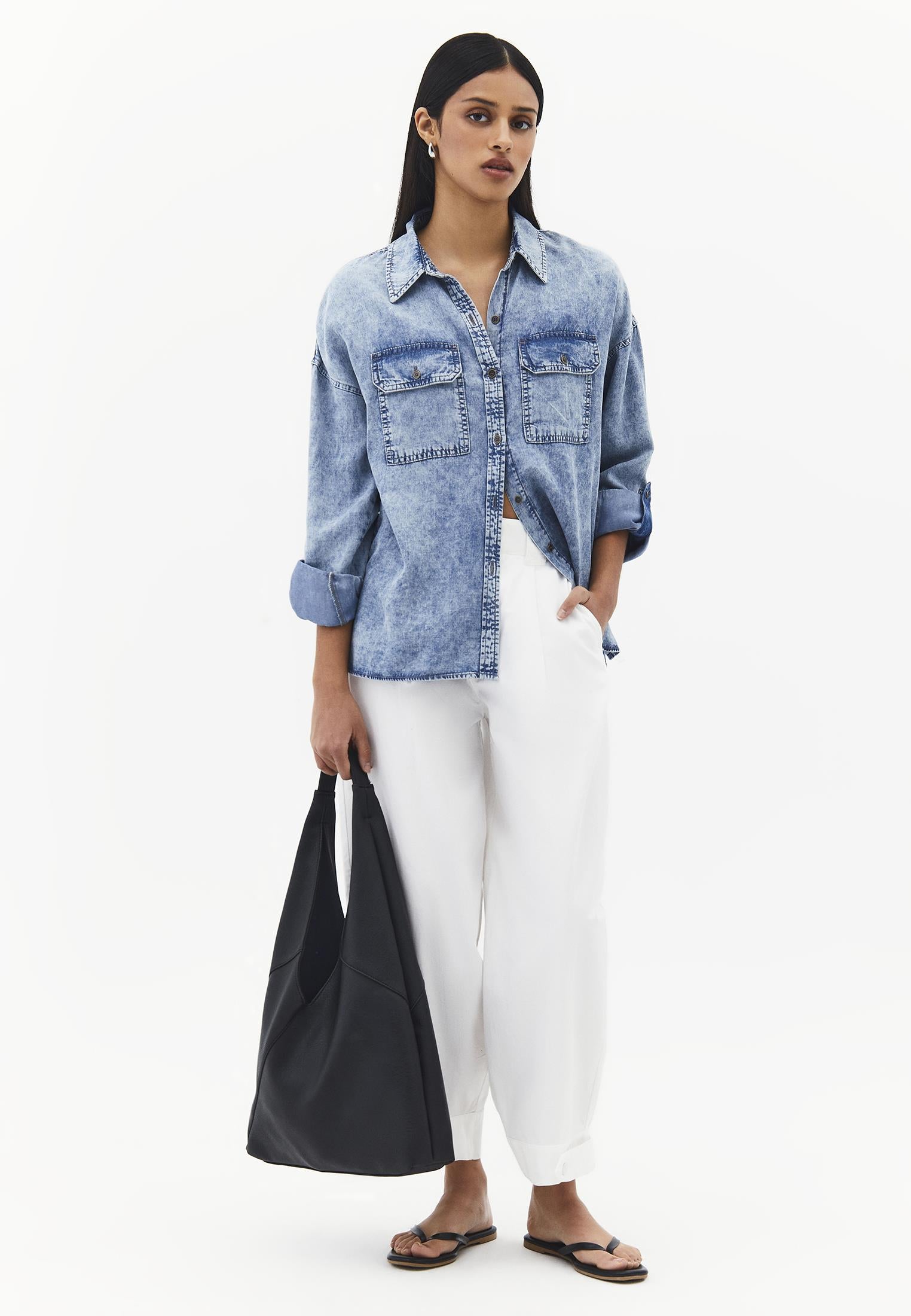 Shirt Collar Long Sleeve Shirt - BLUE WASH DENIM