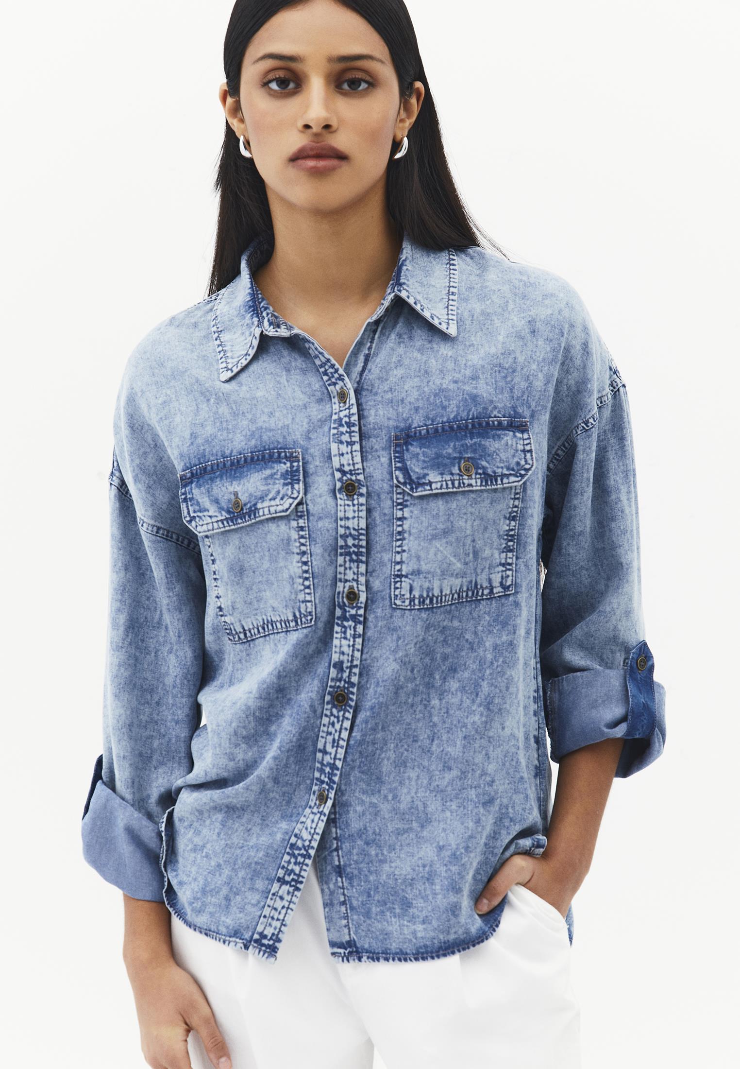 Shirt Collar Long Sleeve Shirt - BLUE WASH DENIM