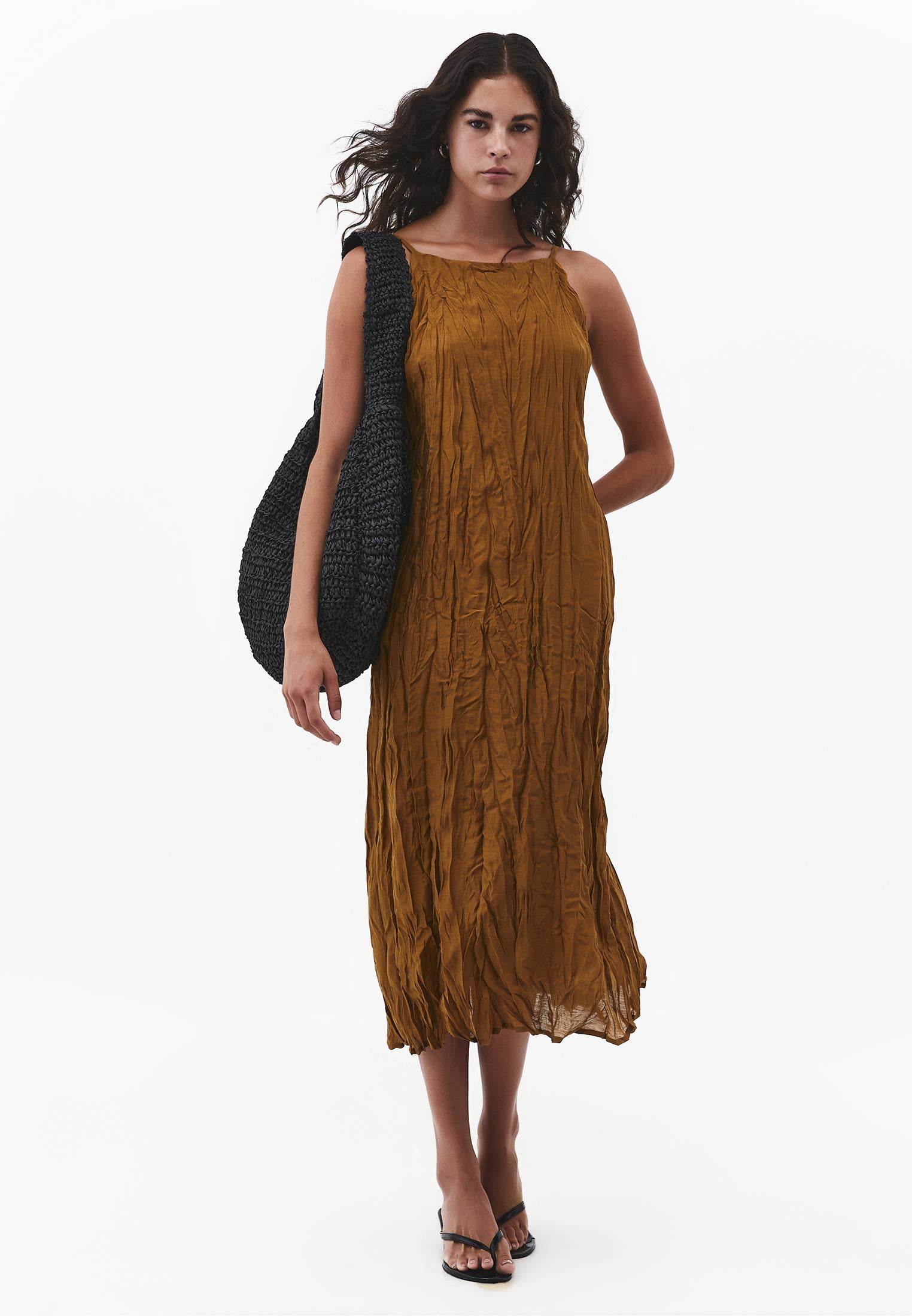 Long A-Line Dress with Halter Neck - BRONZE BROWN