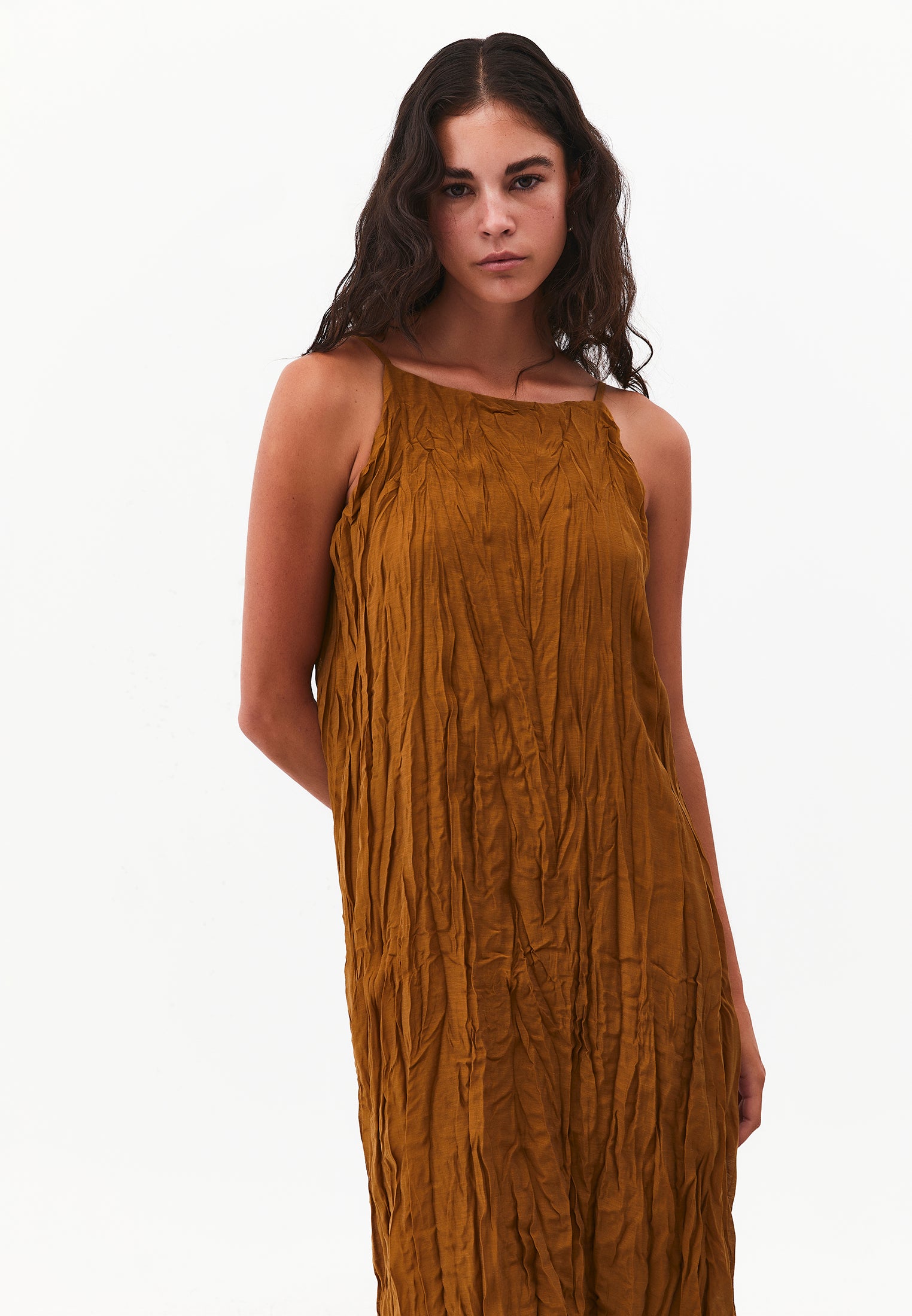 Long A-Line Dress with Halter Neck - BRONZE BROWN