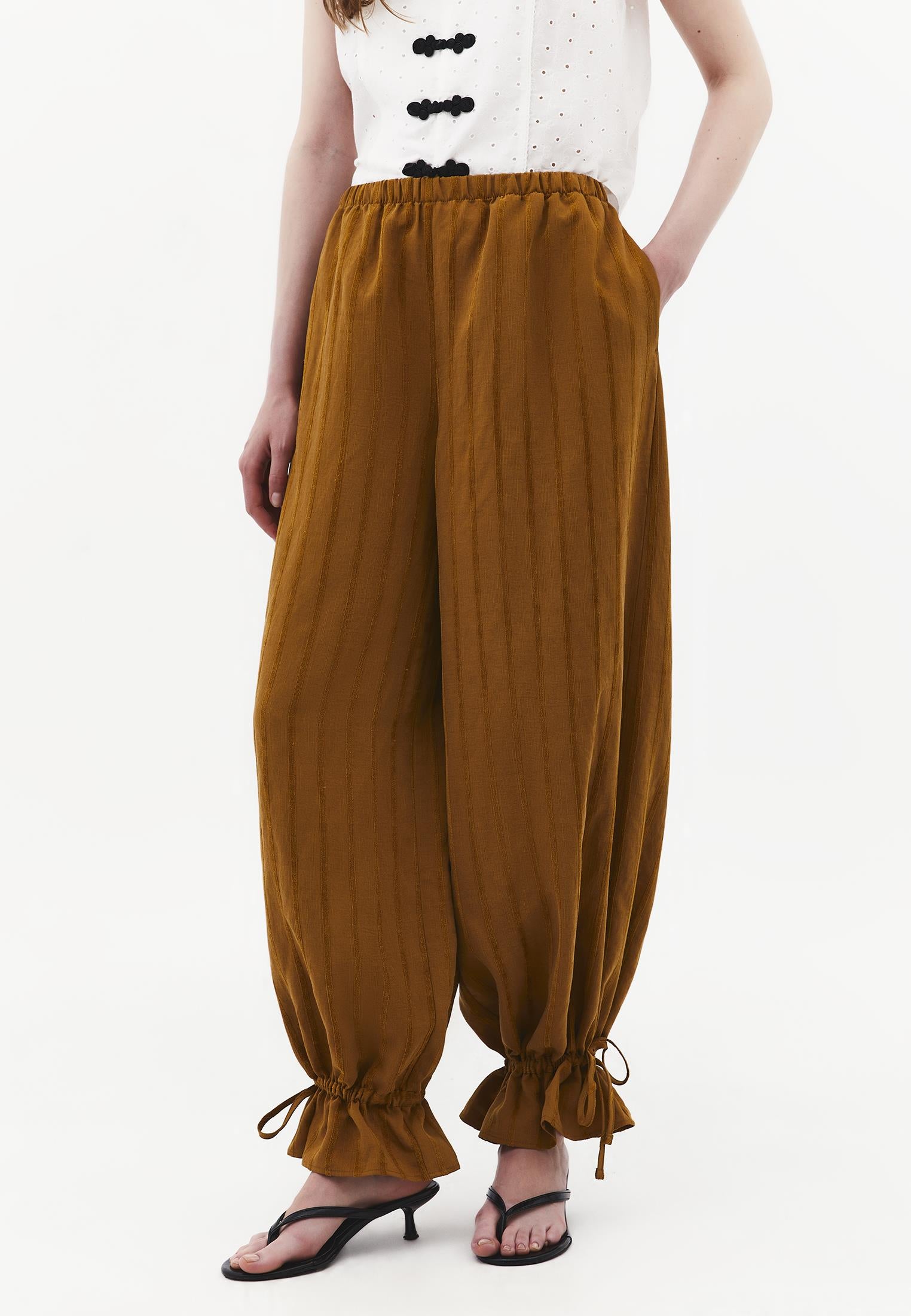 Tie-Waist High Rise Jogger Pants - BRONZE BROWN