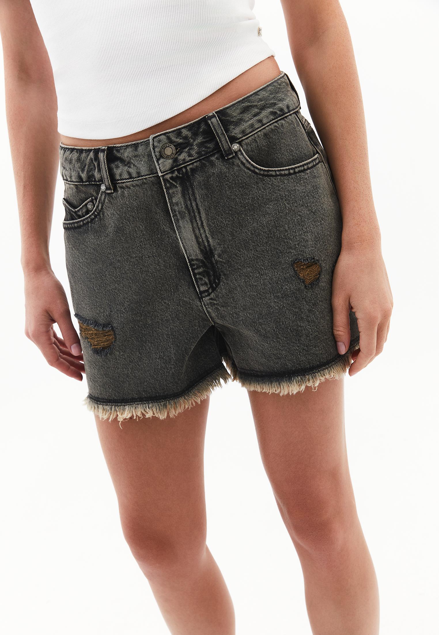 High Waist Five Pocket Denim Shorts - BROWN BLACK DENIM