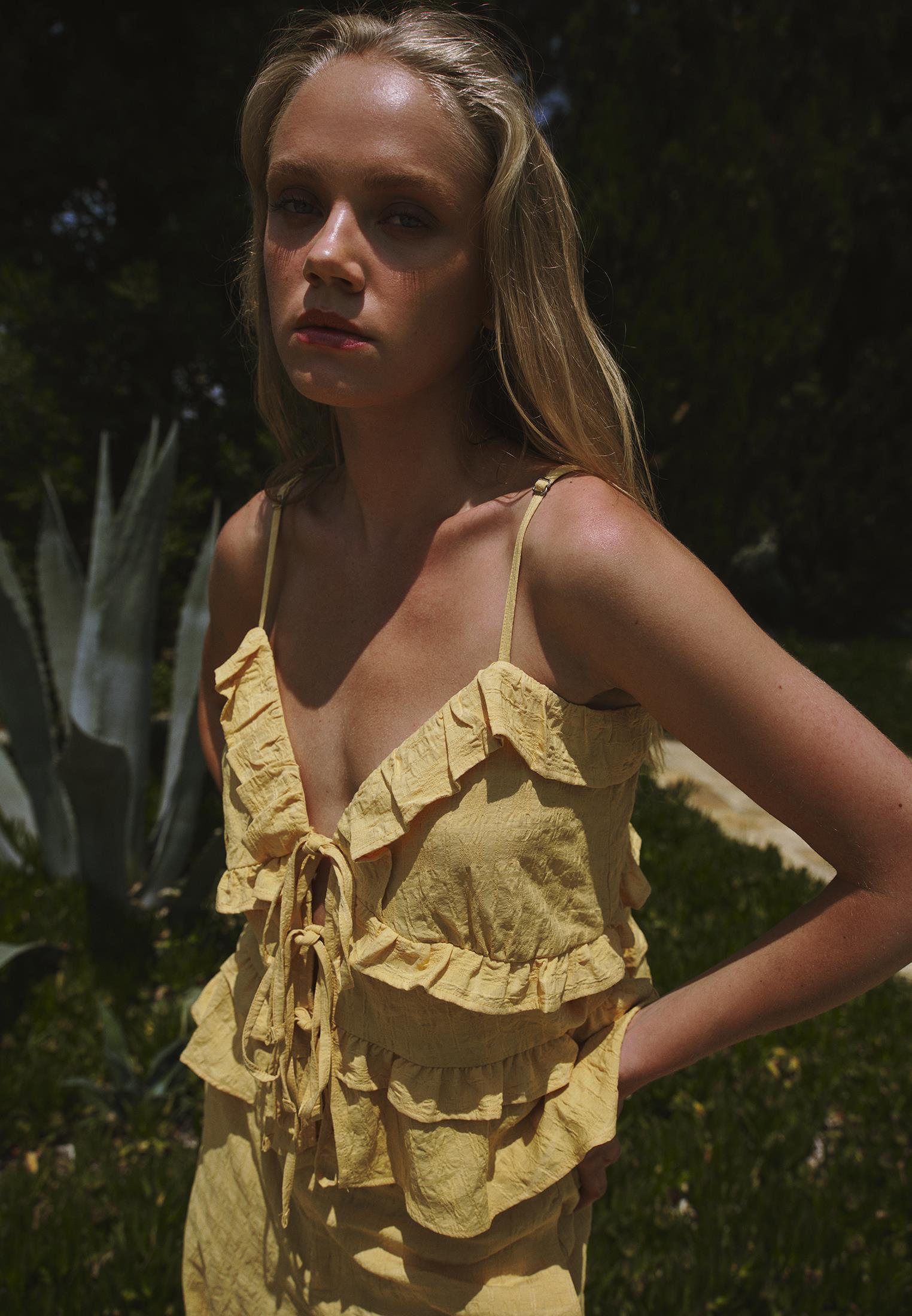 Jacquard V Neck Blouse - BUFF YELLOW