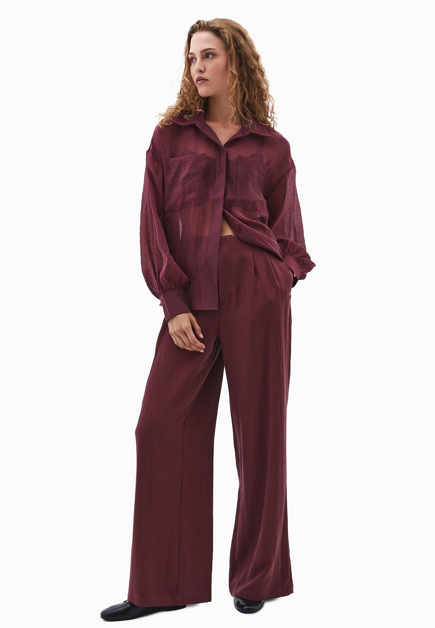Pleated Wide Leg Pants - BURGUNDY