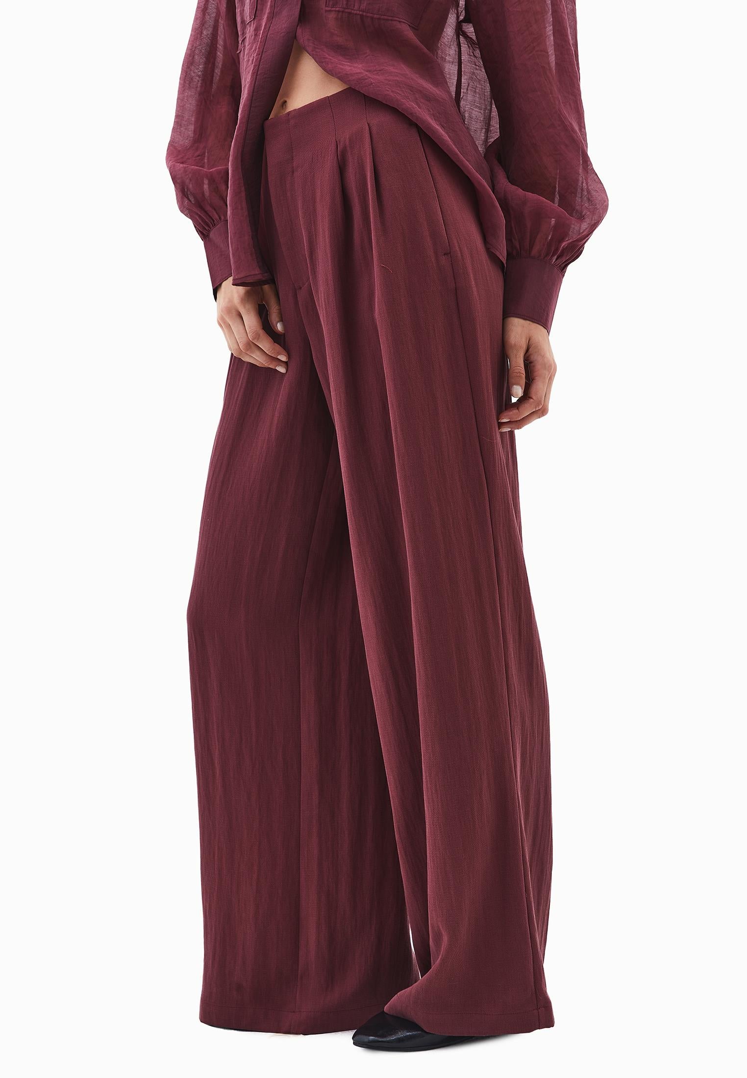 Pleated Wide Leg Pants - BURGUNDY