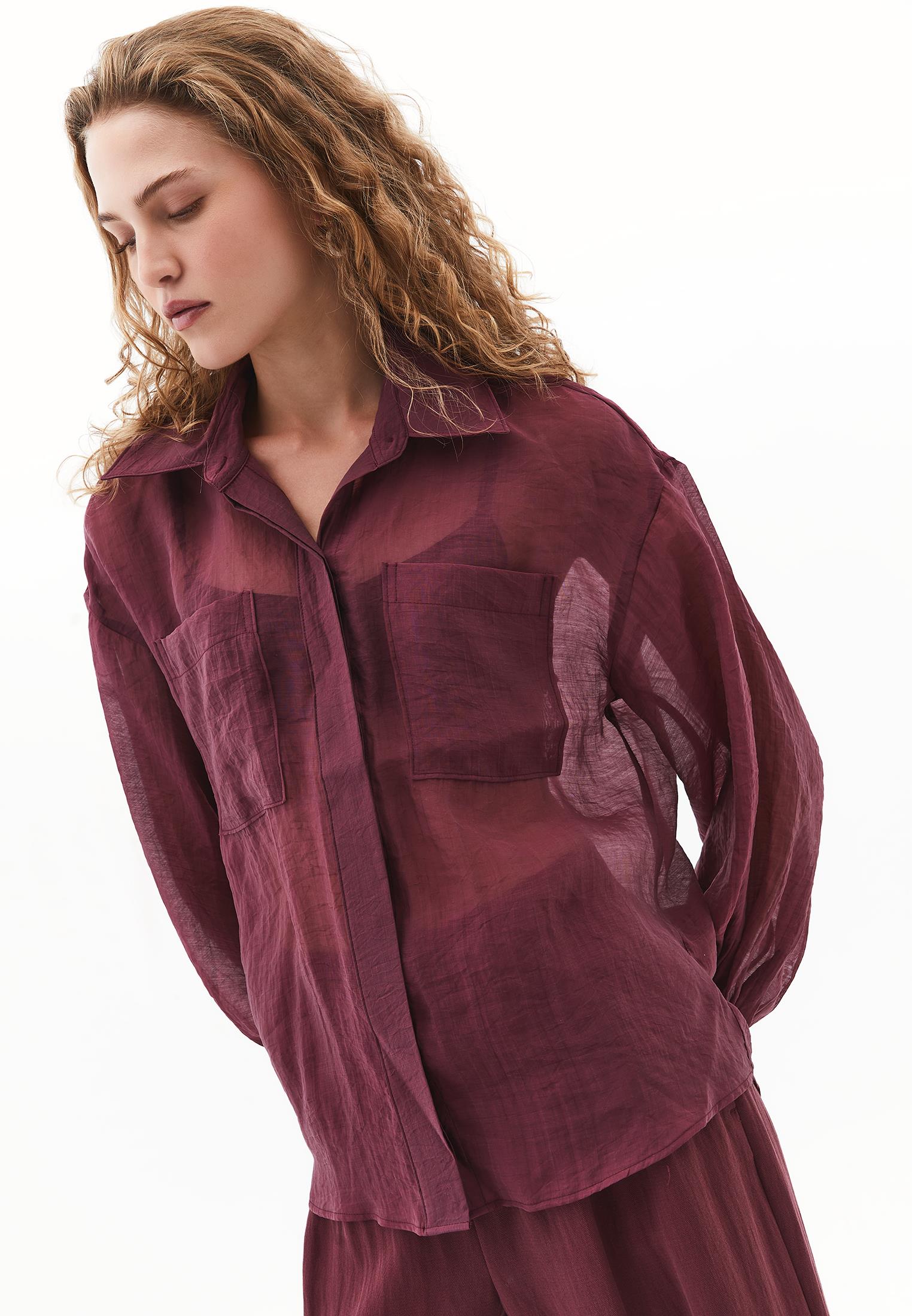 Loose Shirt With Balloon Sleeves And Pocket Detail - BURGUNDY