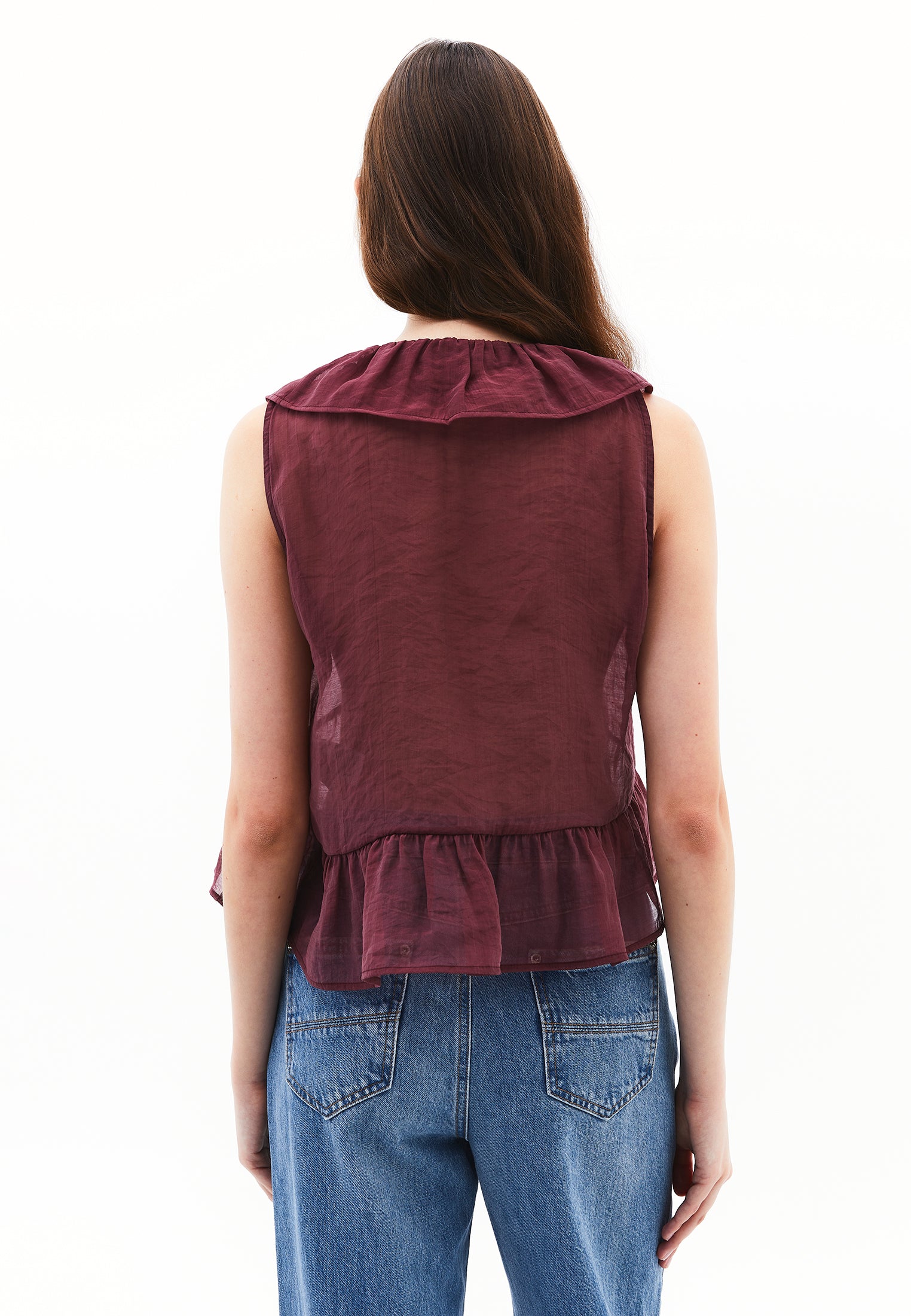 V-Neck Frilled Blouse - BURGUNDY