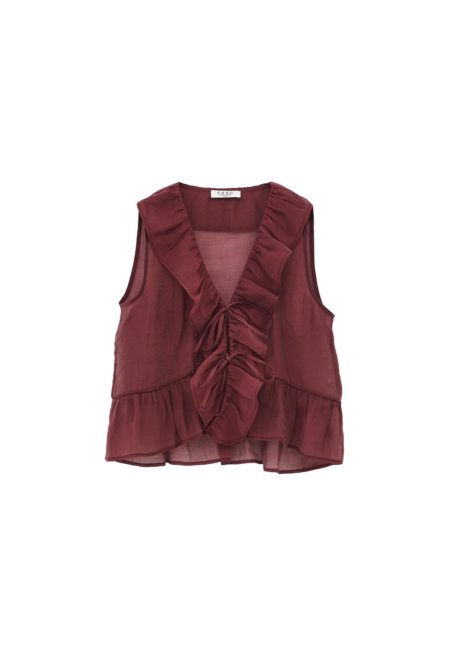 V-Neck Frilled Blouse - BURGUNDY