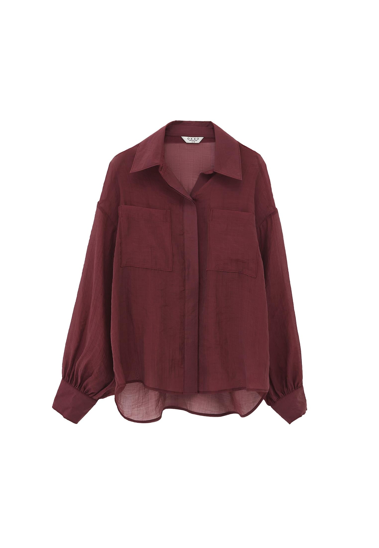 Loose Shirt With Balloon Sleeves And Pocket Detail - BURGUNDY