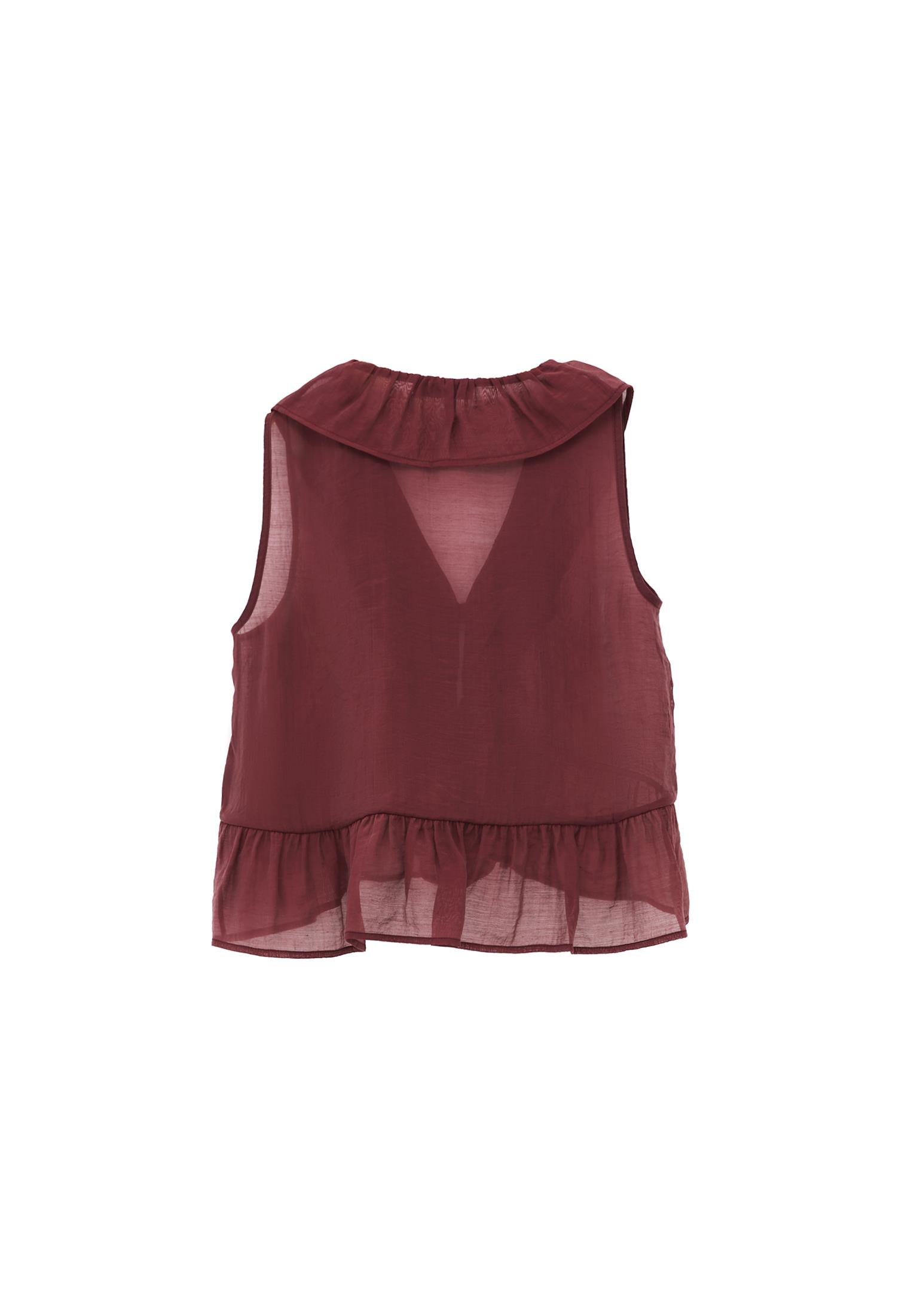 V-Neck Frilled Blouse - BURGUNDY