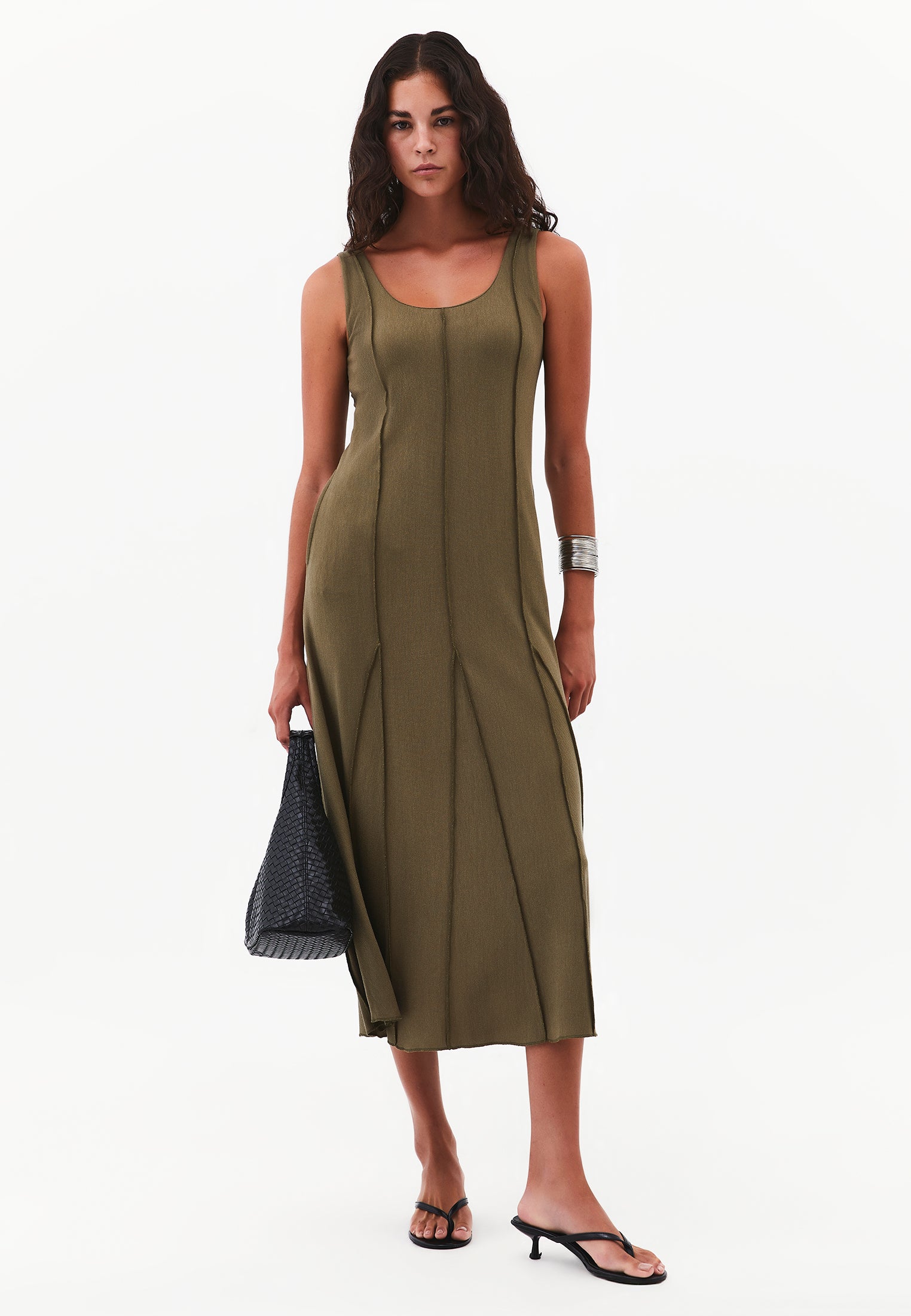 Long Dress with U-Neck and A-Line - BURNT OLIVE