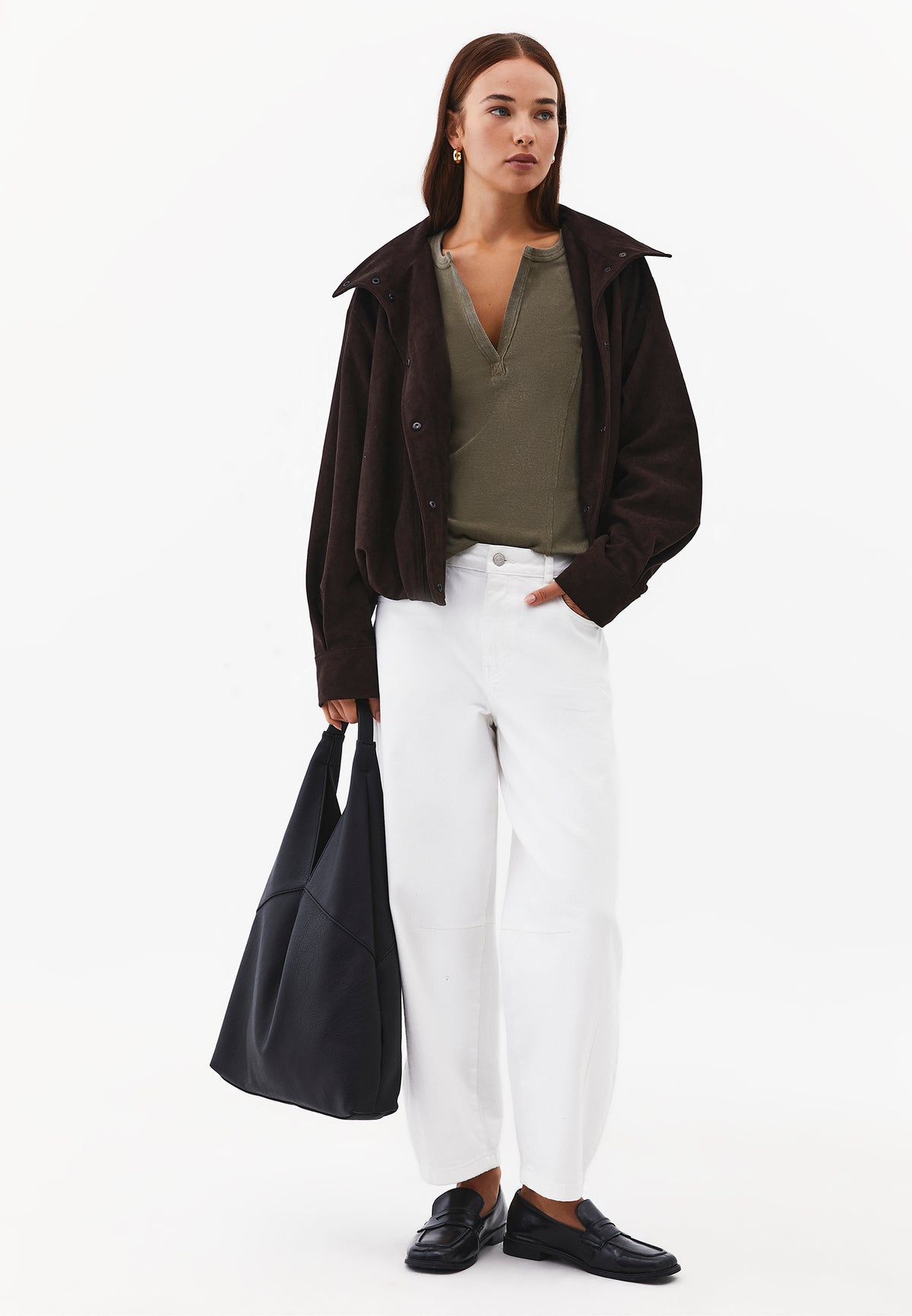 V-Neck Cut-Out Long Sleeve T-Shirt - BURNT OLIVE