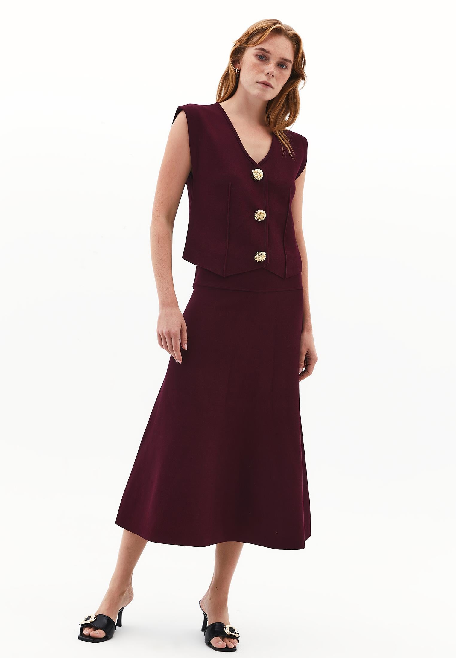 Long A-Line Skirt With Flounce Detail - CABERNET