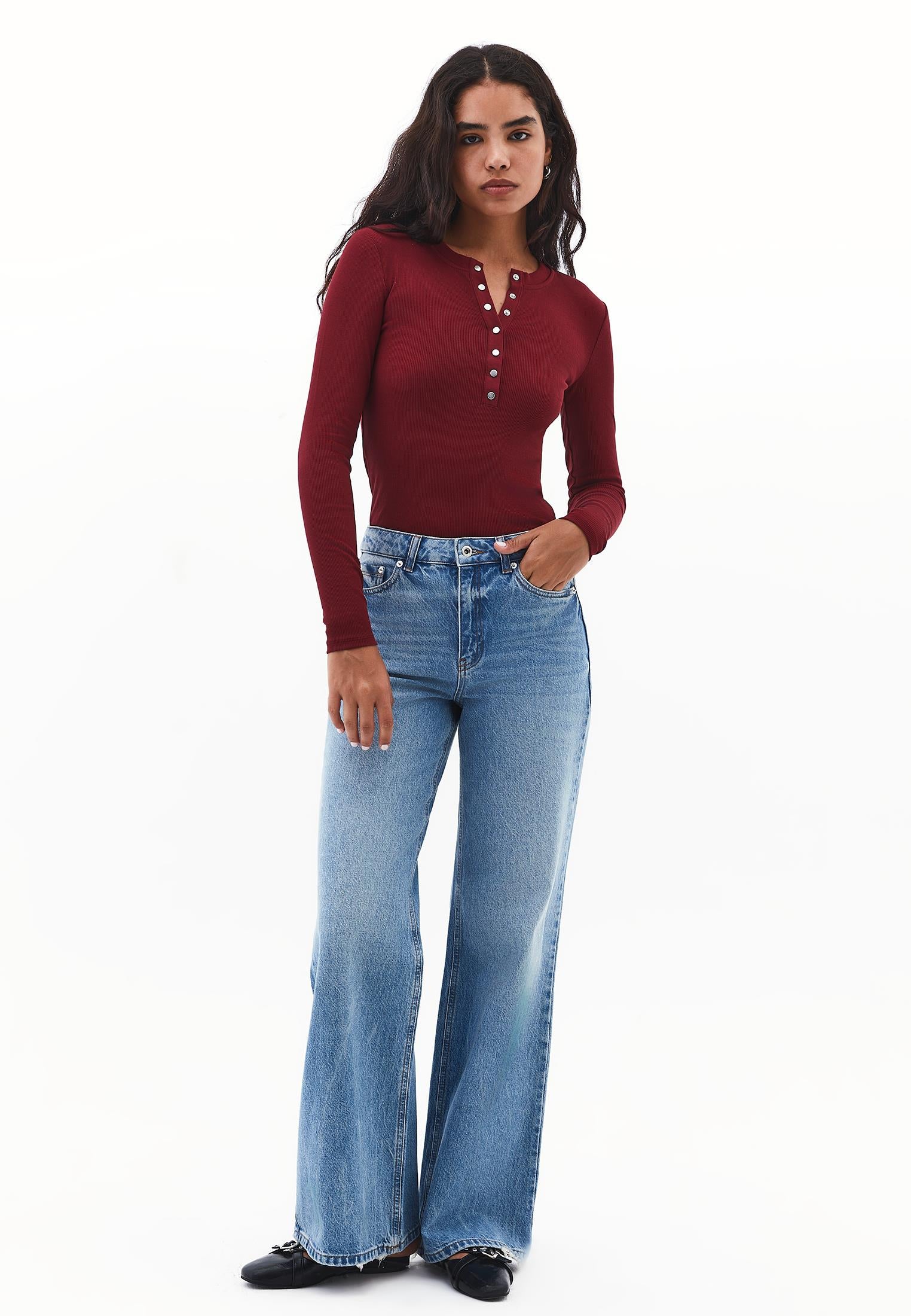 Long Sleeve Crew Neck Bodycon T-Shirt - CABERNET