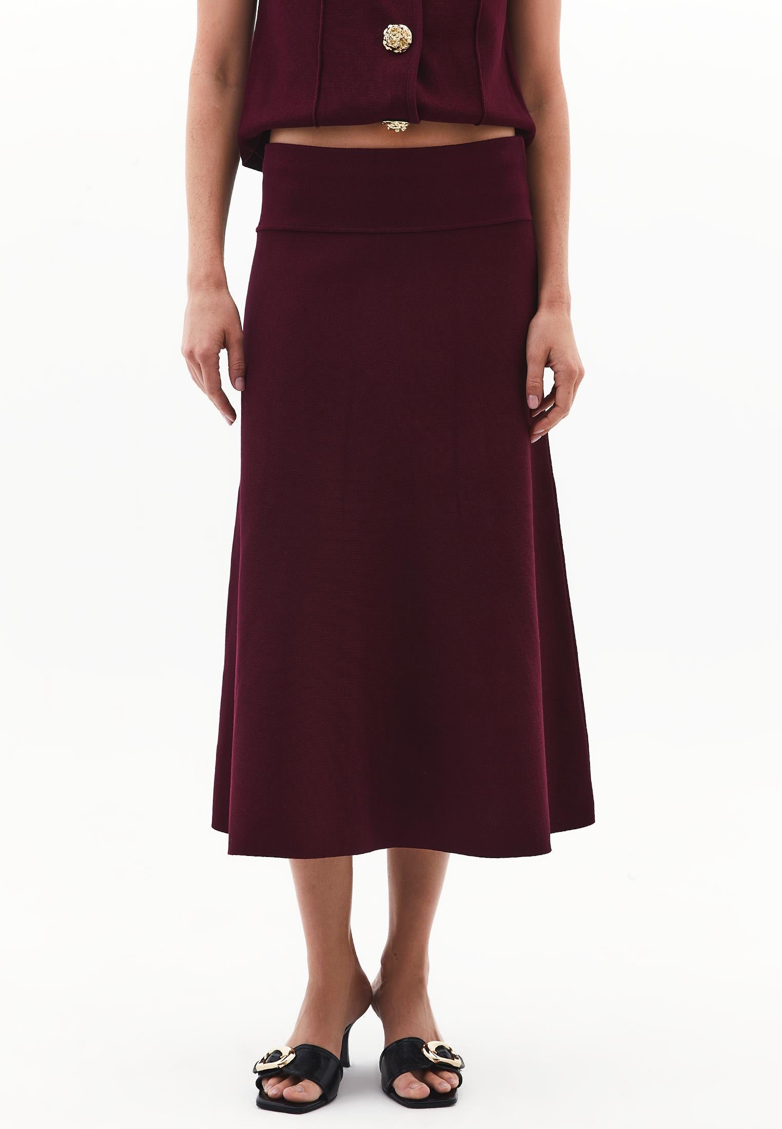 Long A-Line Skirt With Flounce Detail - CABERNET