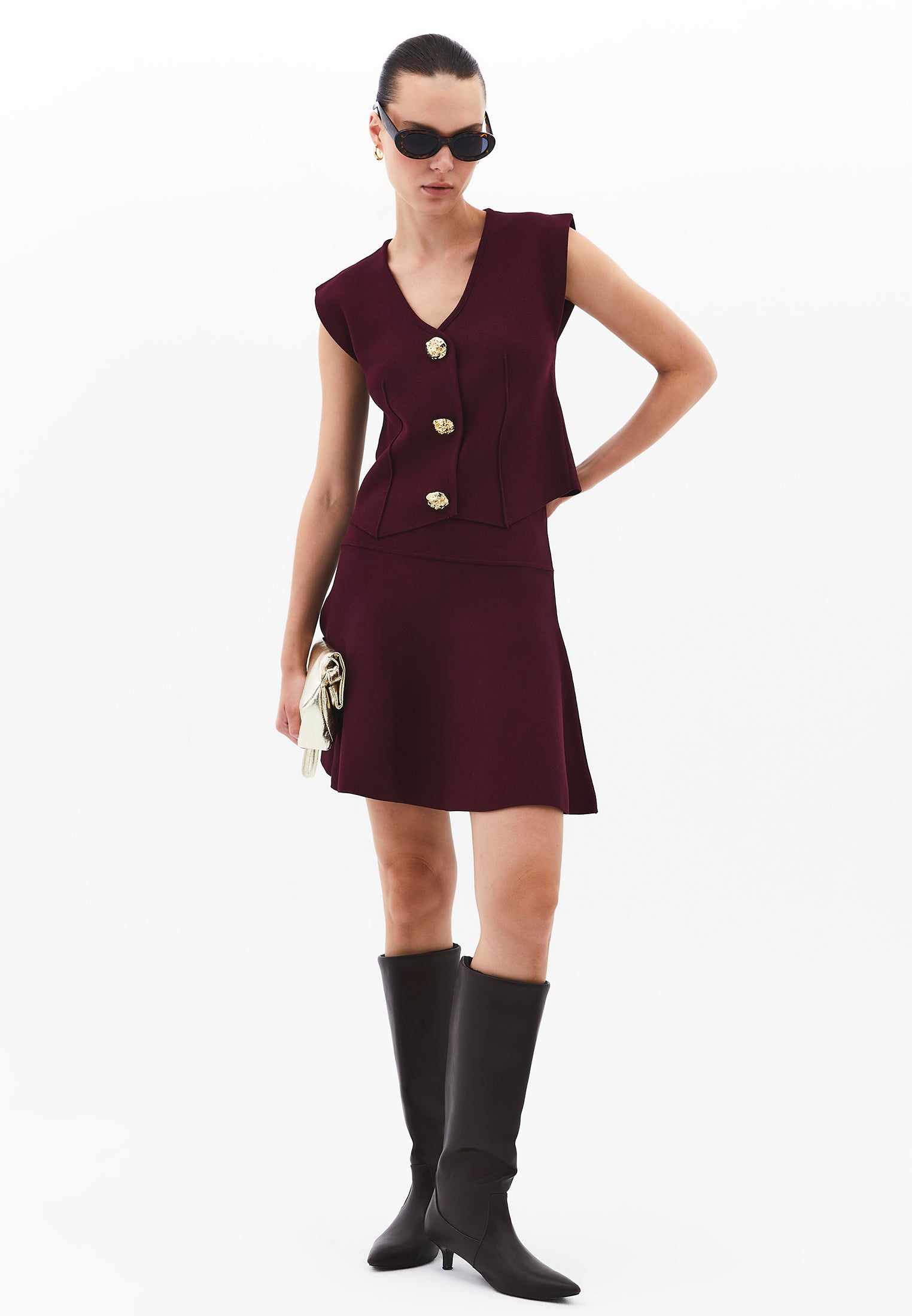 Midi Relaxed Fit Button Detailed Vest - CABERNET