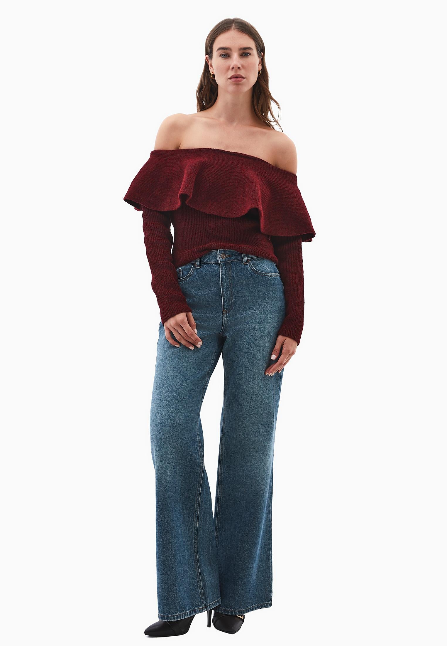 Dropped Shoulder Knit Sweater - CABERNET