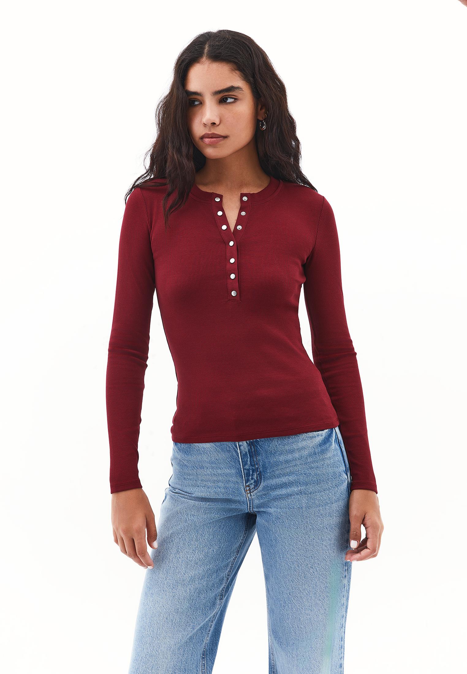 Long Sleeve Crew Neck Bodycon T-Shirt - CABERNET