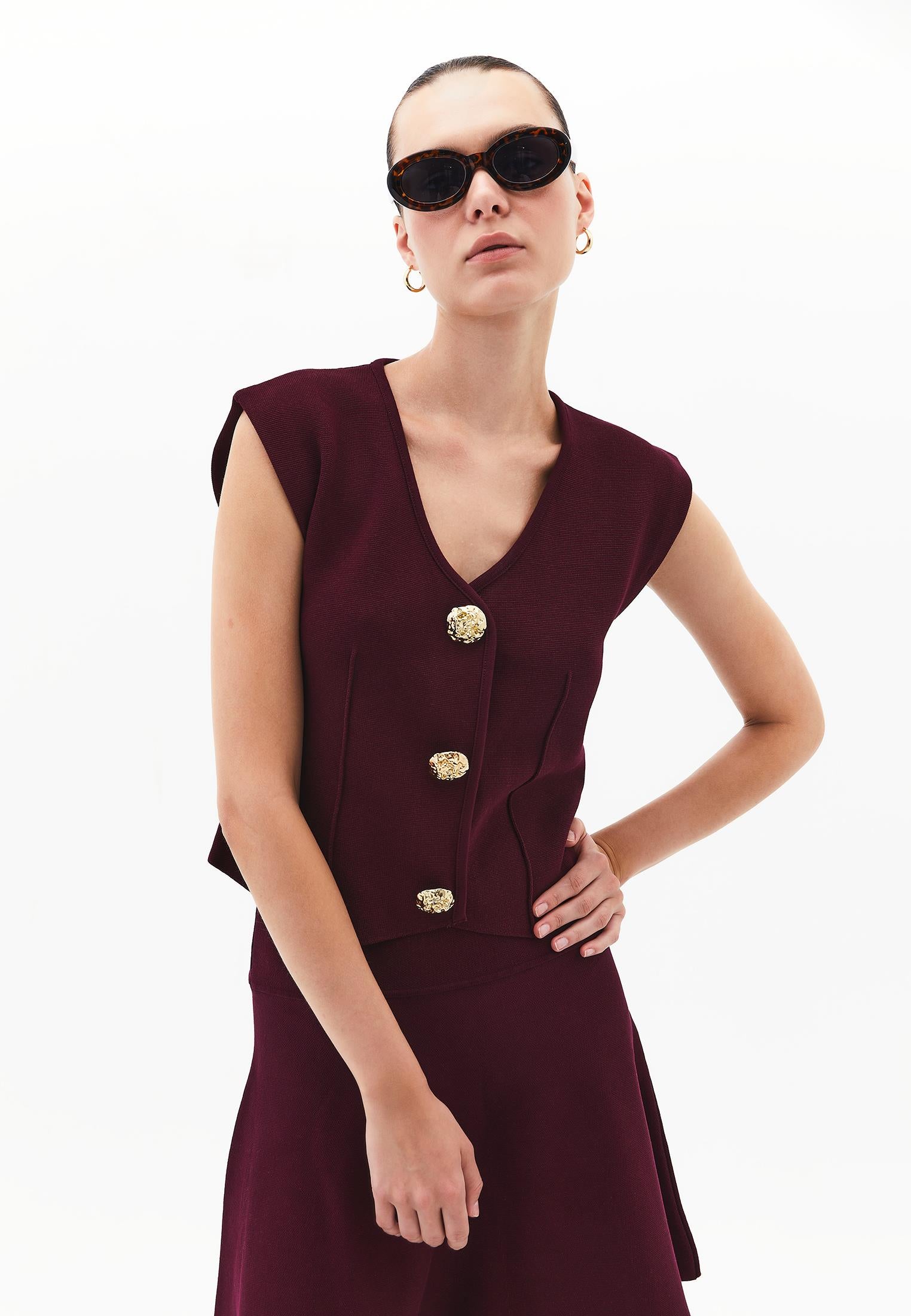 Midi Relaxed Fit Button Detailed Vest - CABERNET