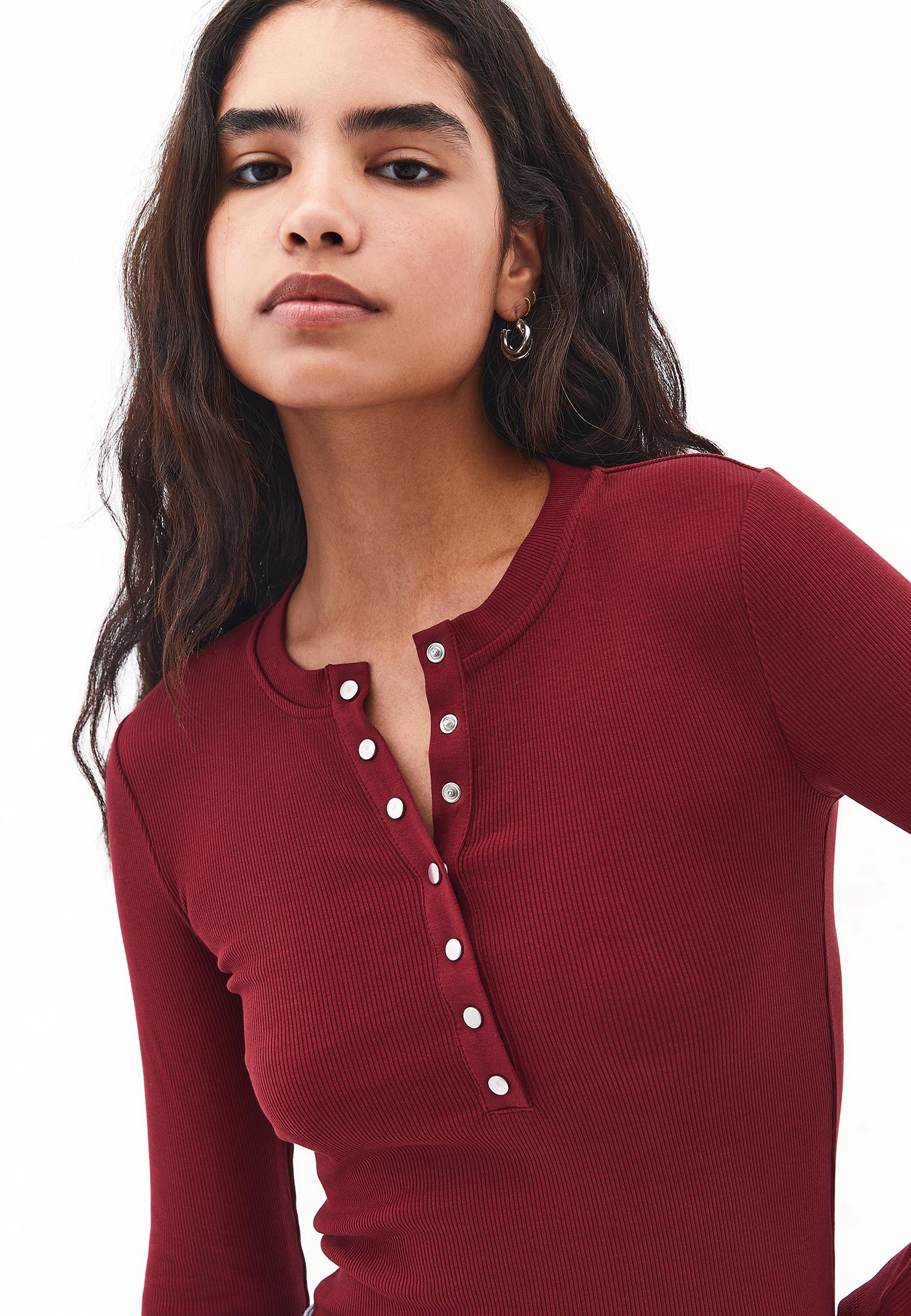 Long Sleeve Crew Neck Bodycon T-Shirt - CABERNET